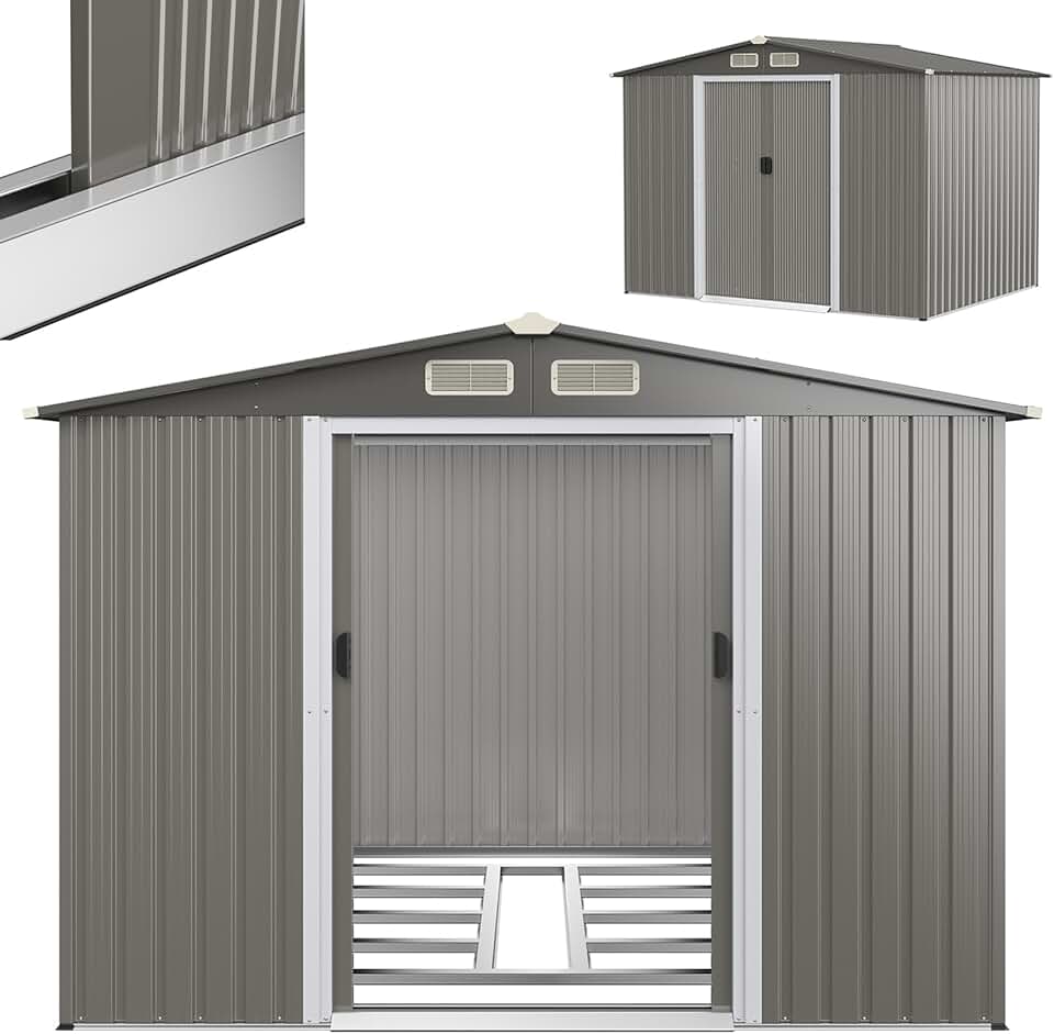 RELAX4LIFE Abri de Jardin en Tôle d’Acier Galvanisée avec Fondation et Double Porte Coulissante, Cabane à Outils avec Toit en Appentis et Volets 260X206,5 X 108 CM (Toit Gris foncé)