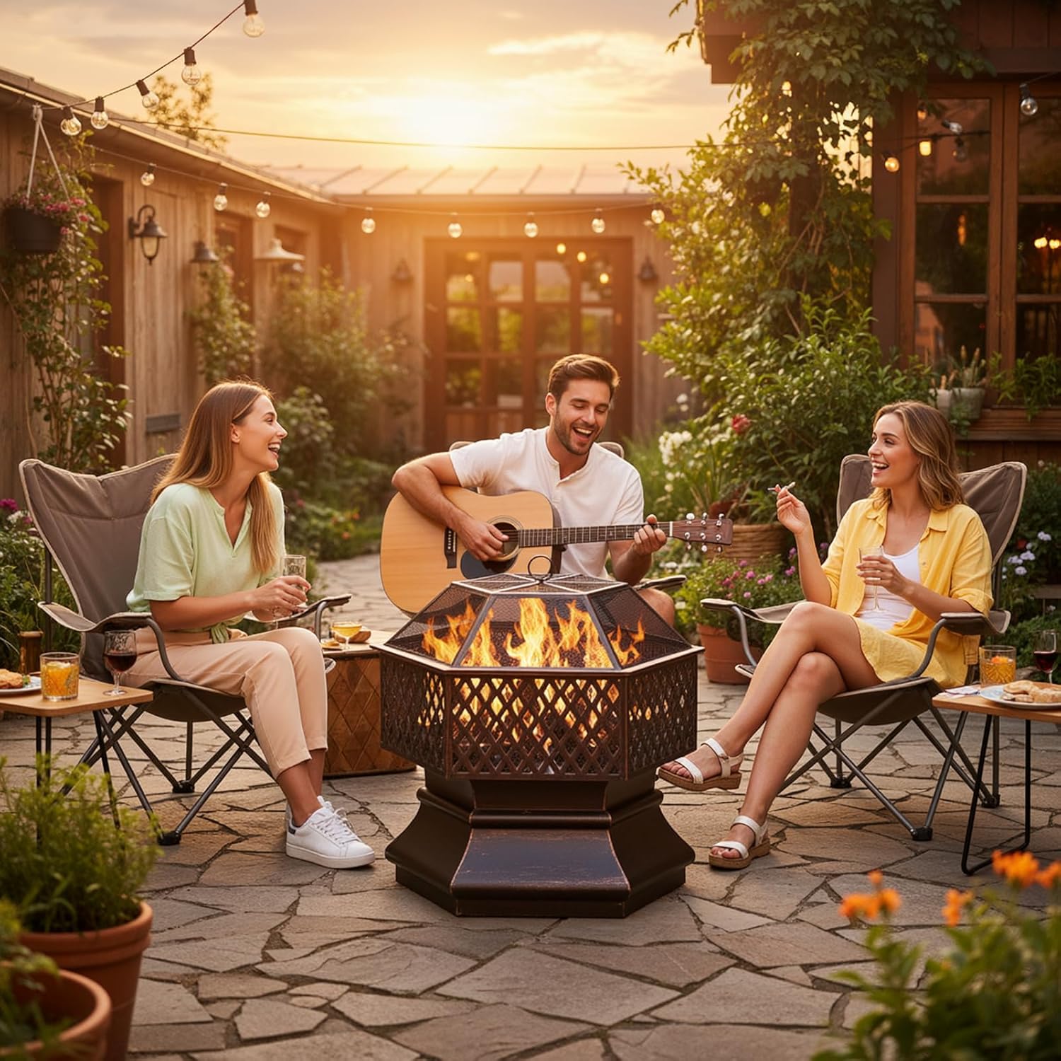 TLSUNNY - brasero avec grille - 66x66x63cm - foyer extérieur, barbecue, protection