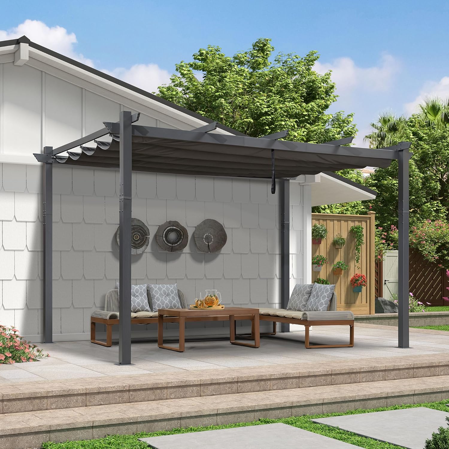 PURPLE LEAF - Pergola murale série aluminium 4x2,7m toit coulissant, tissu teint, gris