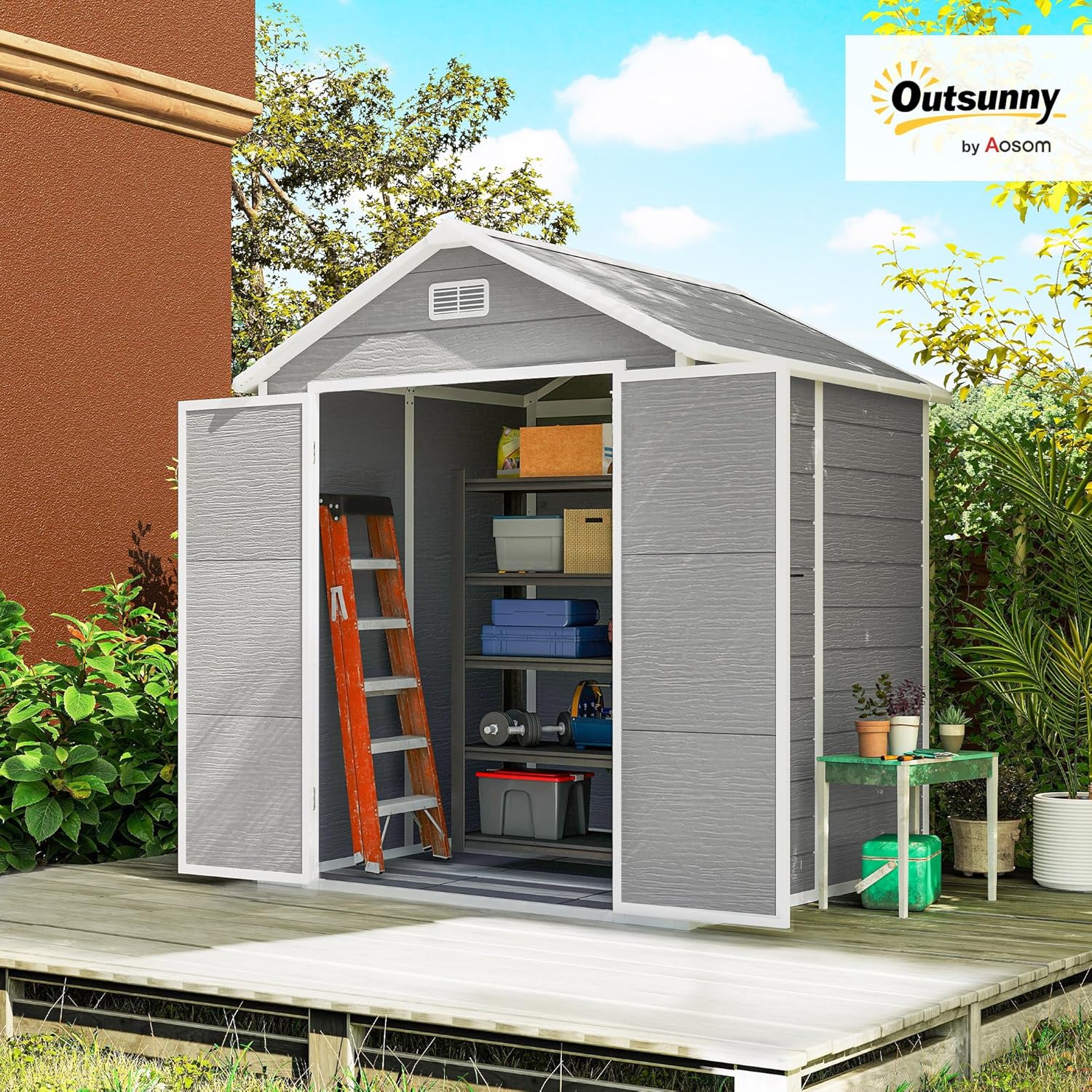 Outsunny Abri de Jardin en résine 2,7 m² avec Plancher Structure en Aluminium 182 x 151 x 219 cm, cabane de Jardin cabanon Rangement Outils Portes avec Serrure et clés 3 fenêtre, Gris Global Recycled Standard