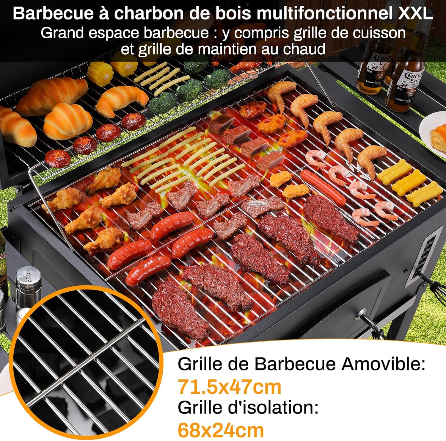 LIFERUN - Barbecue XXL, charbon, chariot, couvercle, thermomètre, fumoir, hauteur réglable