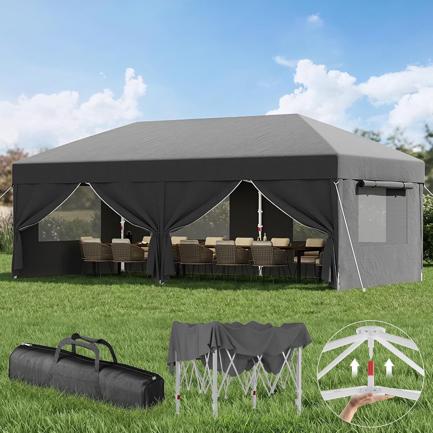 Devoko - tonnelle pliante série gris - 3x6m - imperméable, protection UV 50+, fenêtres moustiquaires