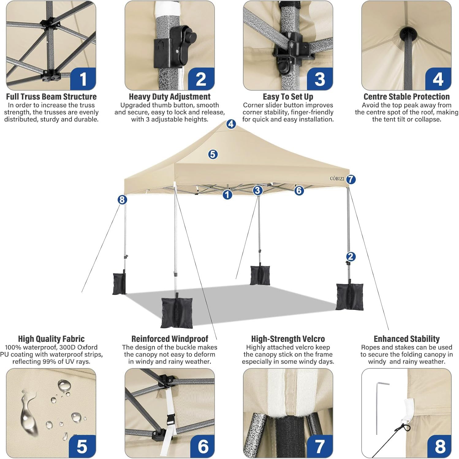 COBIZI - tonnelle pliante - 3x3 m - étanche, hiver, UV50+, 3 hauteurs, 4 panneaux, kaki
