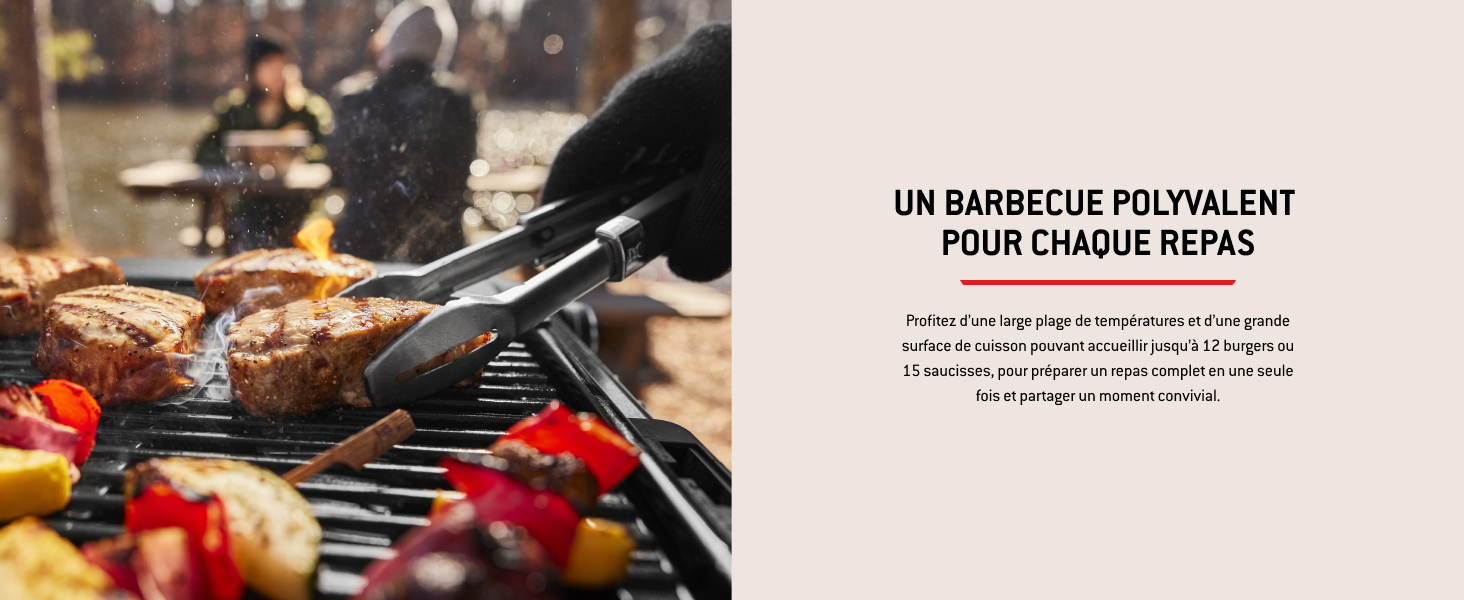 Le texte se lit comme suit : « Un barbecue po (ly) valent ». Plusieurs vues d'un grill avec divers aliments en cours de cuisson, démontrant la polyvalence de la cuisson de différents types d'aliments.