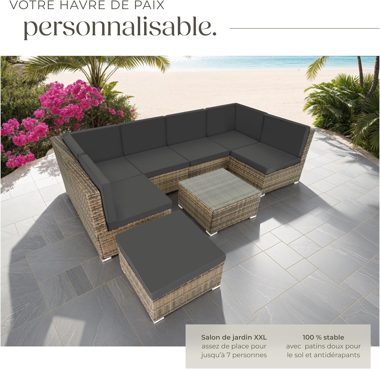 tectake - salon modulable rotin 6 fauteuils 1 table marron naturel
