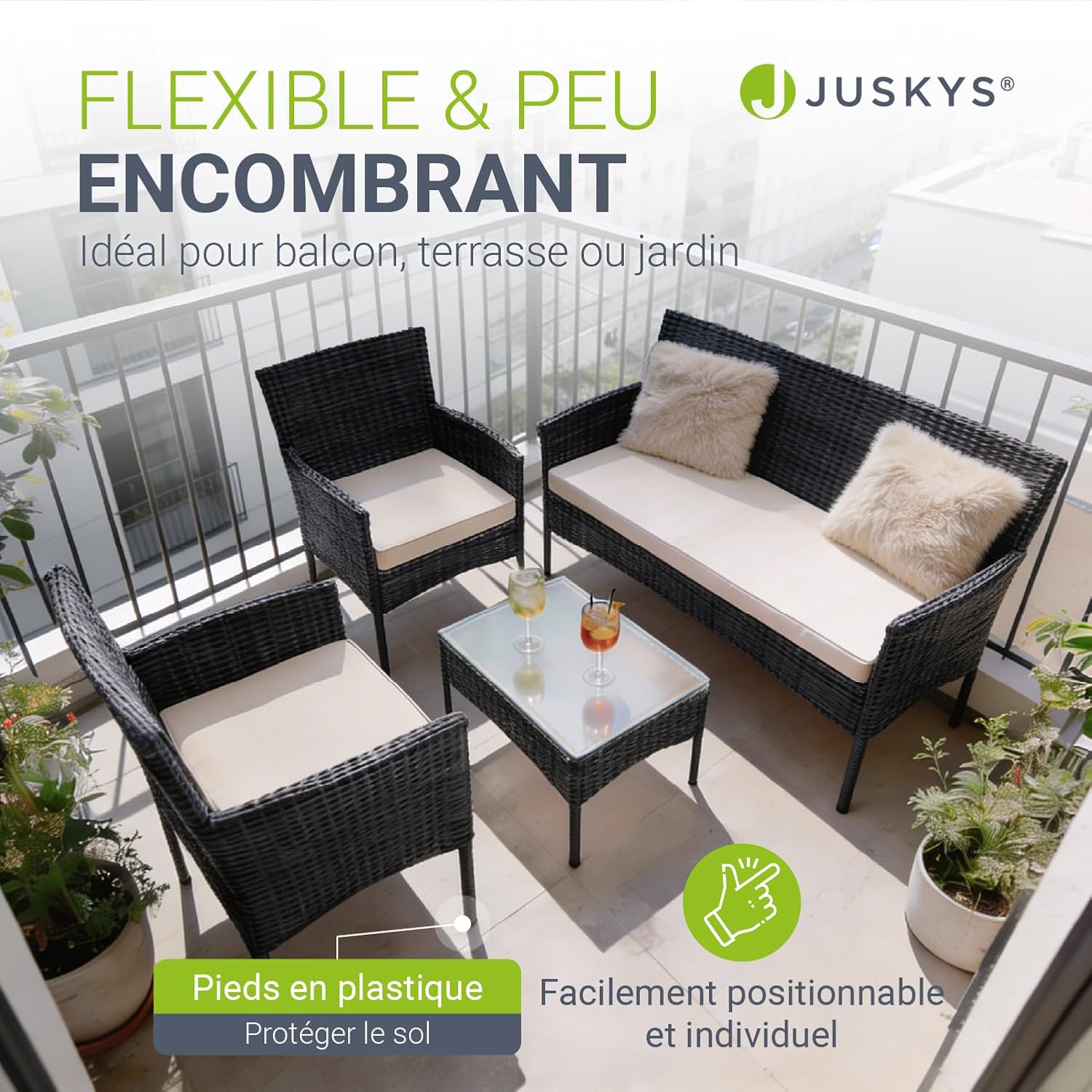 Juskys - Fort Myers, salon 4 places, canapé 2p, chaises, table, coussins
