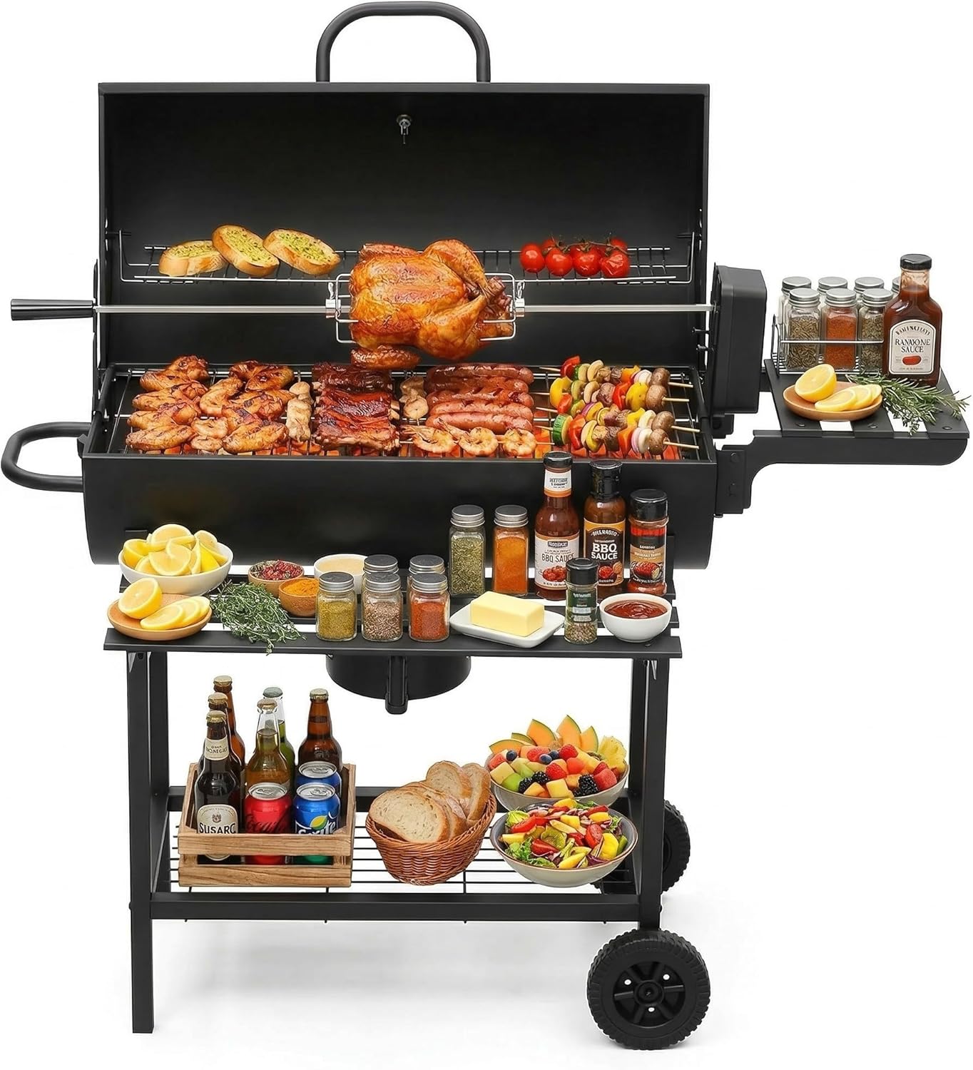 DEWINNER - Grill XXL - acier carbone, couvercle, thermomètre, rôtissoire