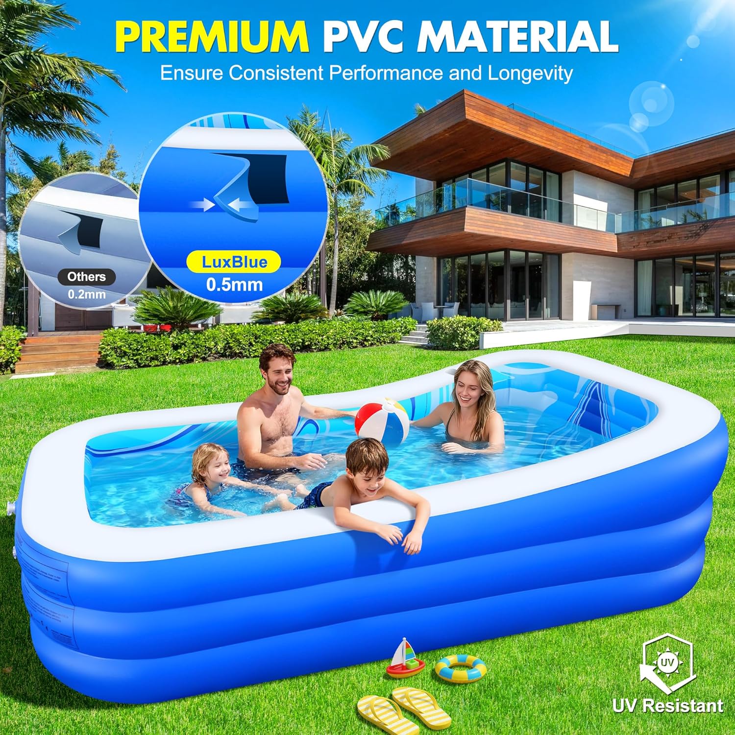 LuxBlue Piscine Gonflable Adulte, Piscine Familiale avec Siège et Dossier, 0.5mm Épaissi Piscines Rectangulaire Gonflable avec Porte-Gobelet, 250*160*63cm Pataugeoire Grande Piscines Gonflable Jardin