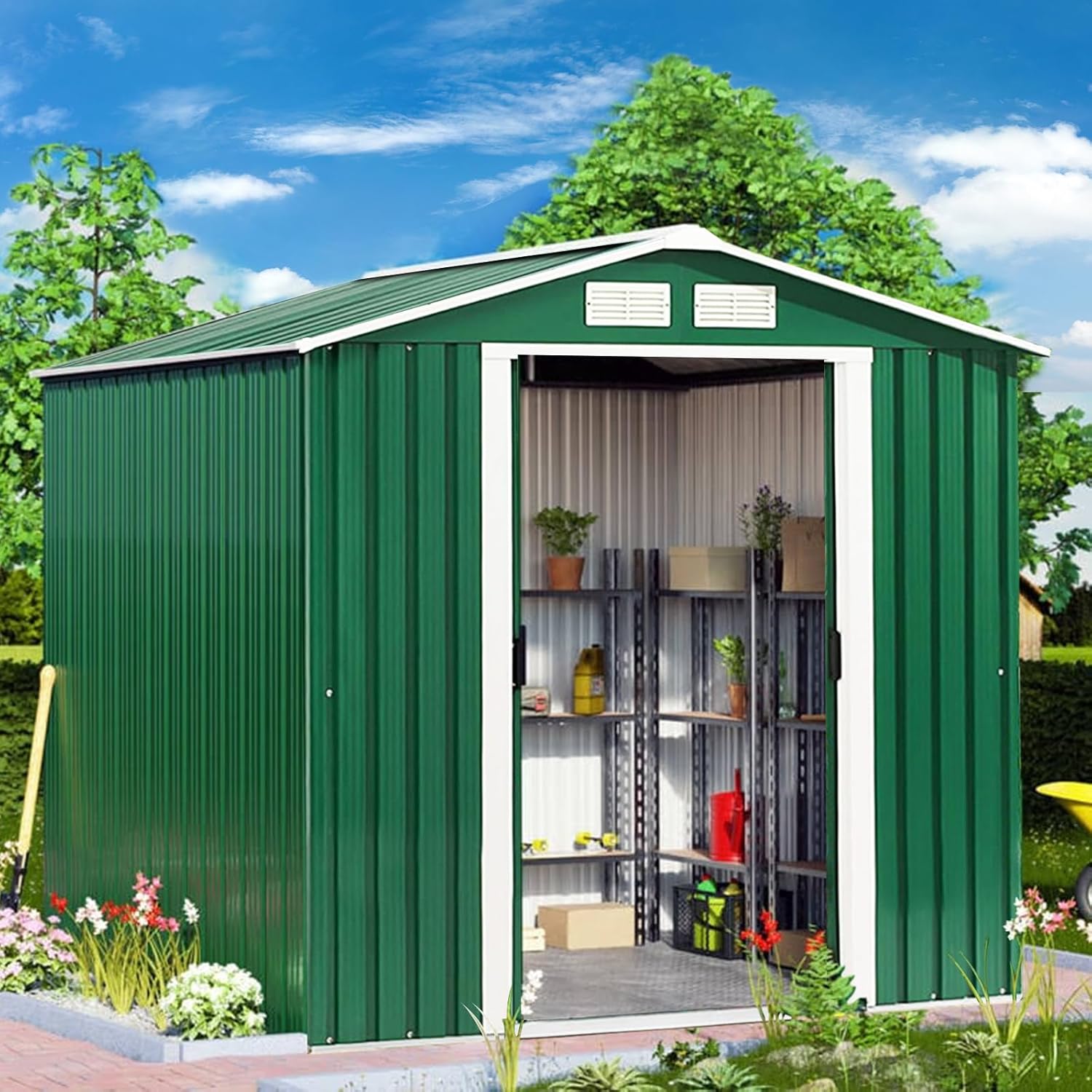 GOPLUS 2,37㎡ Abri de Jardin en Métal Galvanisé avec Base, Cabine de Jardin Extérieur Portes Coulissantes, 4,39m³, Résistant aux Intempéries, Cabane de Rangement à Outils, 213 x 127 x 185 cm, Vert