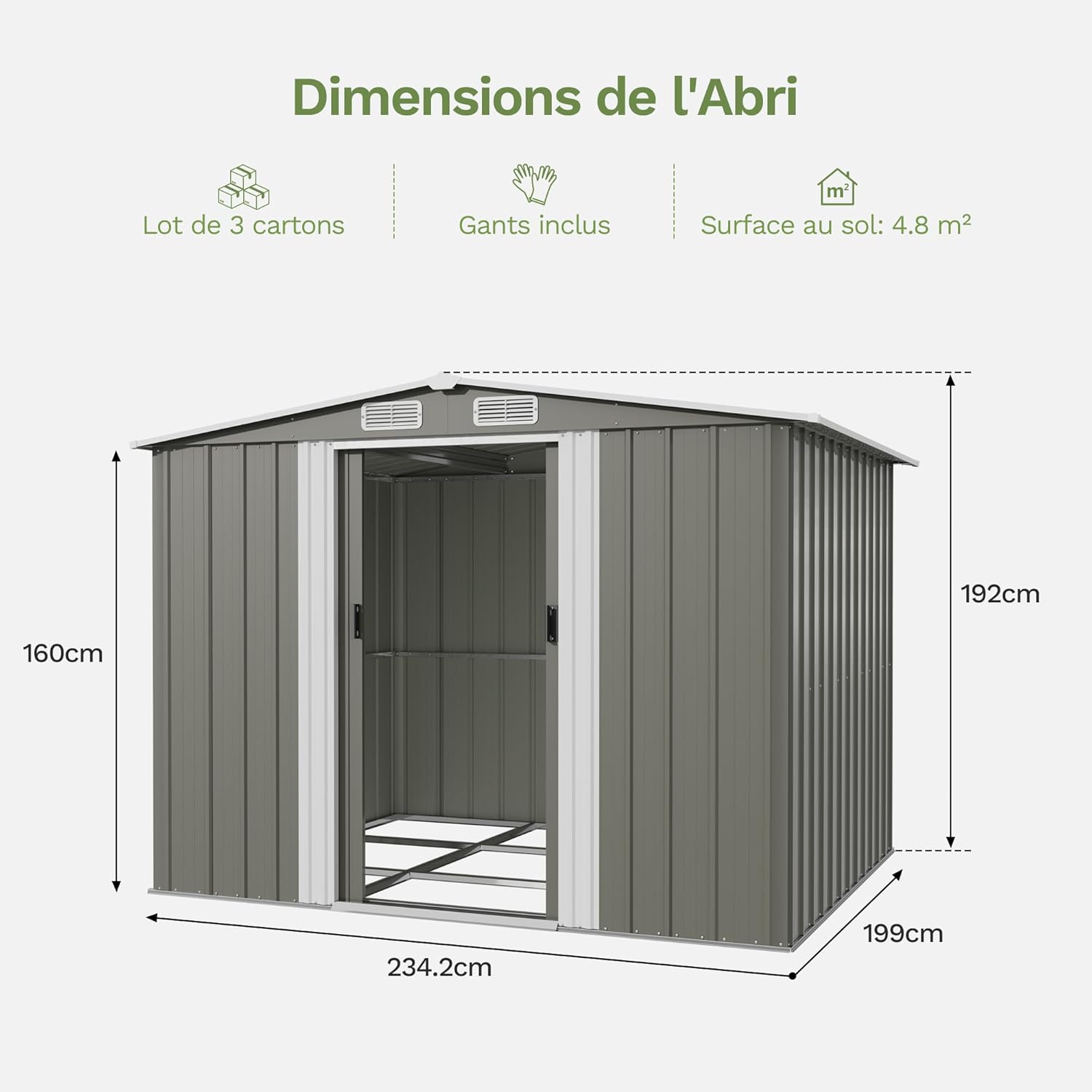 Devoko - abri de jardin métallique - 8x6ft - toit penté, ventilation, gris