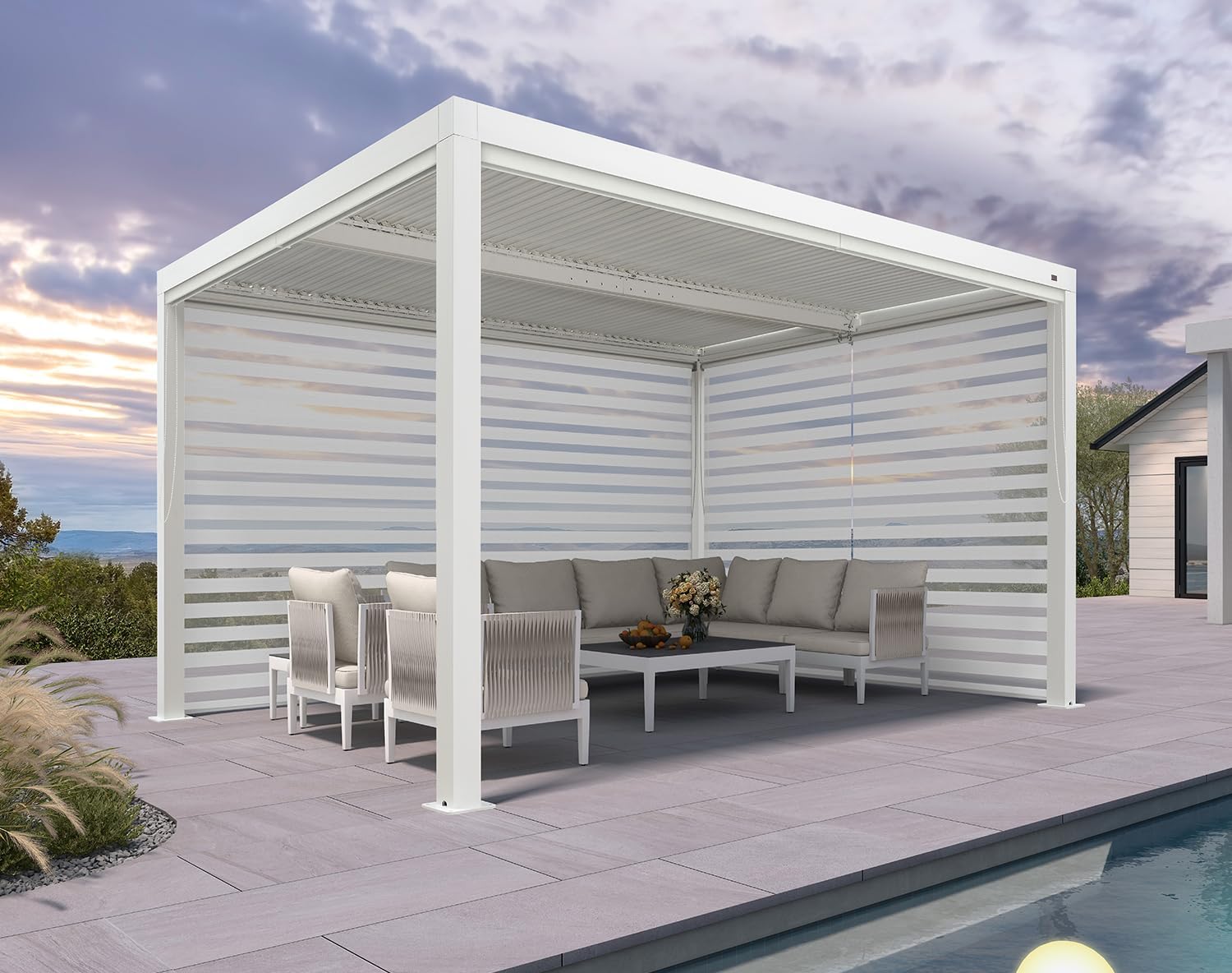 PURPLE LEAF - pergola bioclimatique - 4,24x3m - aluminium, stores enrouleurs, lames orientables