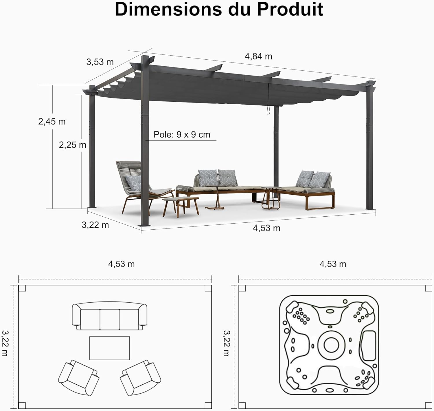 PURPLE LEAF - Pergola aluminium - 4,8x3,5m - toit coulissant, tissu teint en fil, gris