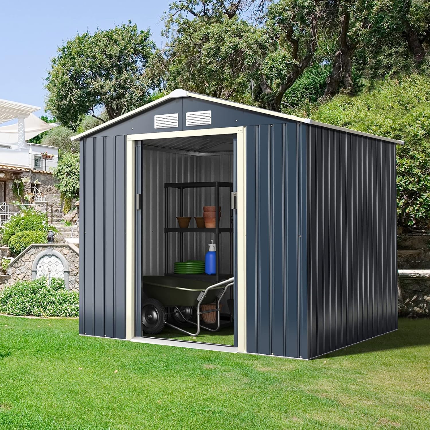 GOPLUS 3,73㎡ Abri de Jardin Métal Galvanisé, Cabine de Jardin Extérieur Portes Coulissantes, Résistant aux Intempérie, Cabane de Rangement Outils, 213 x 191 x 195 cm, Gris