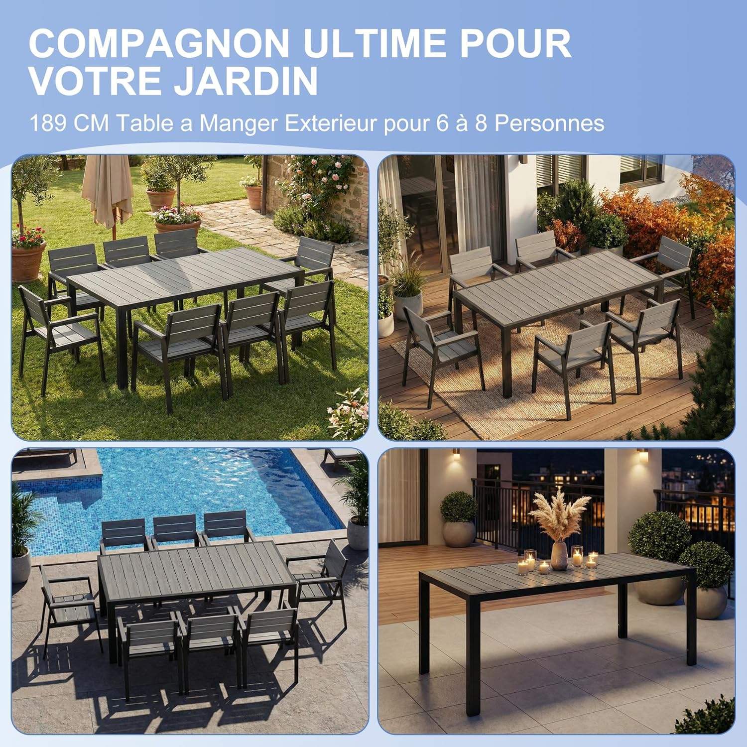 Devoko - HDPS - 189x80x72 cm - Table aluminium extérieur bois, 6-8 pers.