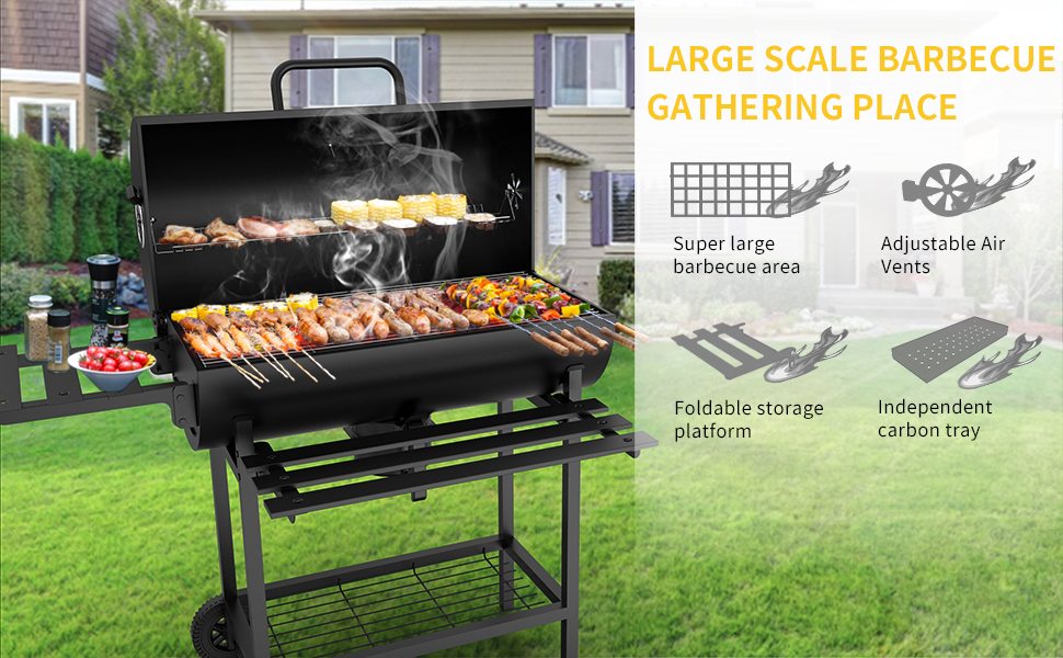 Le texte indique « BARBECUE À GRANDE ÉCHELLE ». Plusieurs vues d'un grand barbecue au charbon de bois en métal noir avec une surface de cuisson réglable en hauteur, montré à l'extérieur avec des aliments grillés.