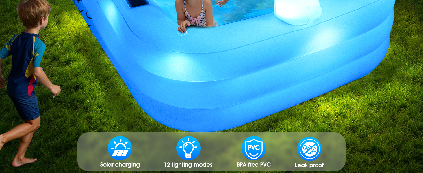 Piscine gonflable bleue partiellement visible avec des enfants qui jouent, cadre extérieur ensoleillé avec de l'herbe visible, montrant des activités nautiques récréatives avec de multiples icônes en bas.