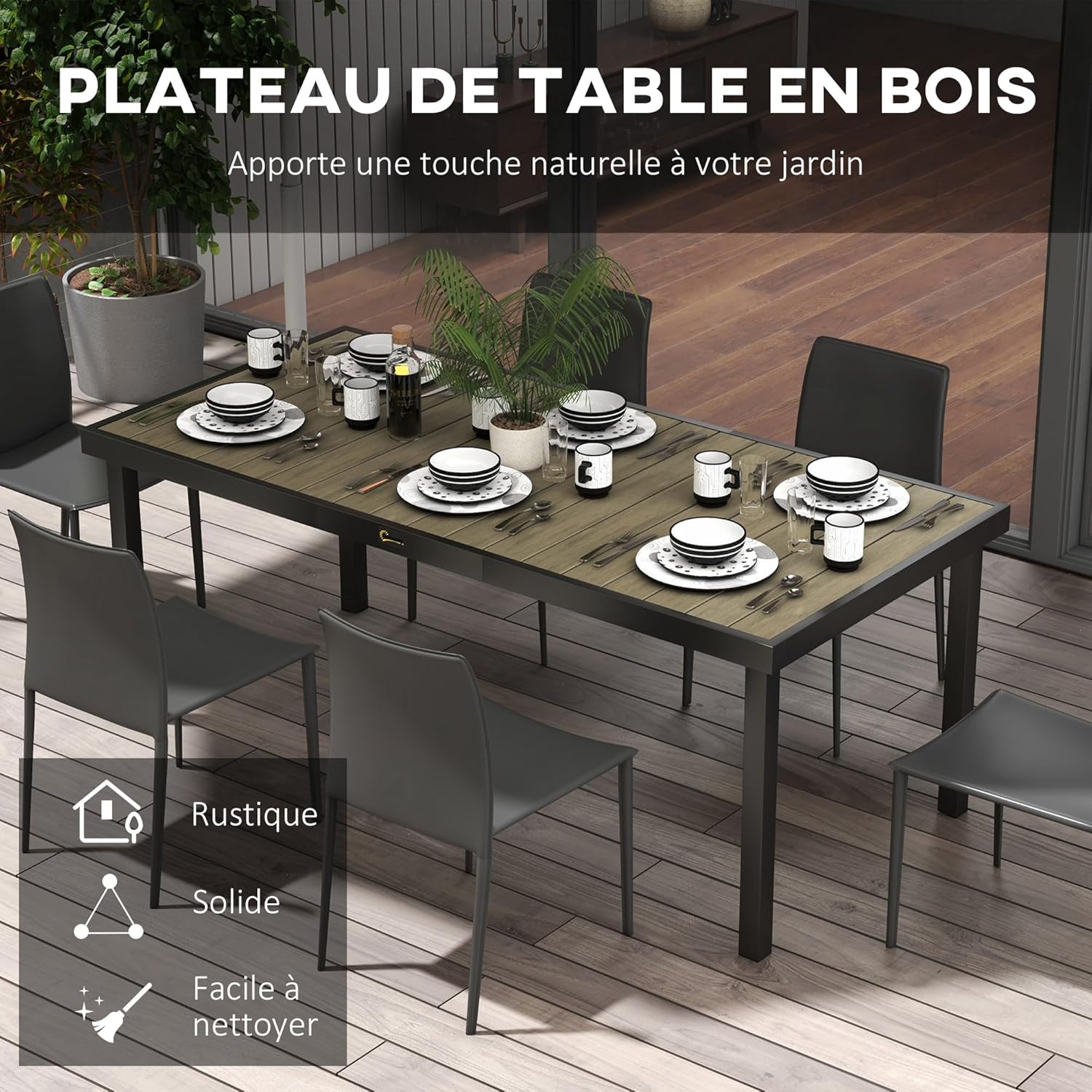 Outsunny - Table de jardin aluminium 8 pers - 190x90x74 cm - marron