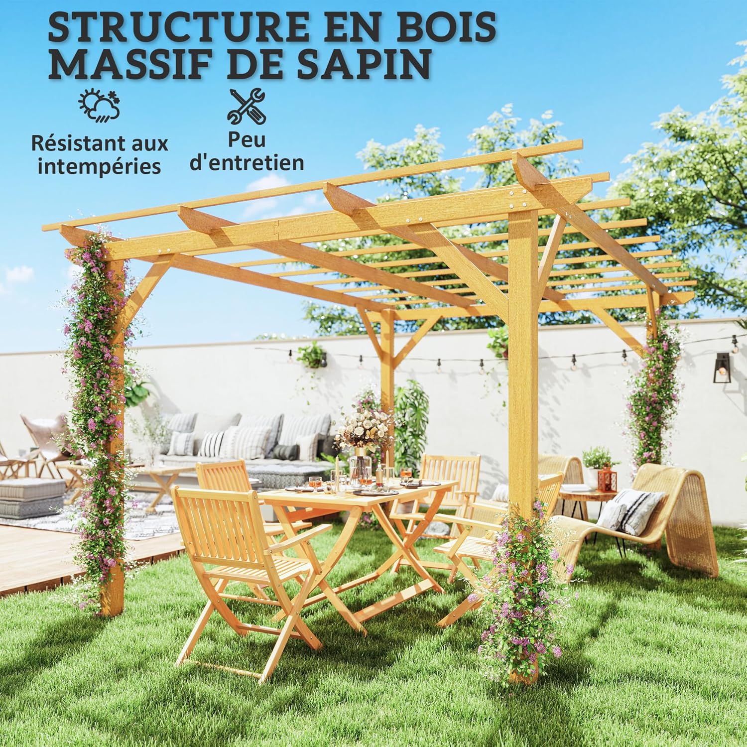 Outsunny - pergola jardin bois naturel - 3x4m - idéale vignes et fleurs