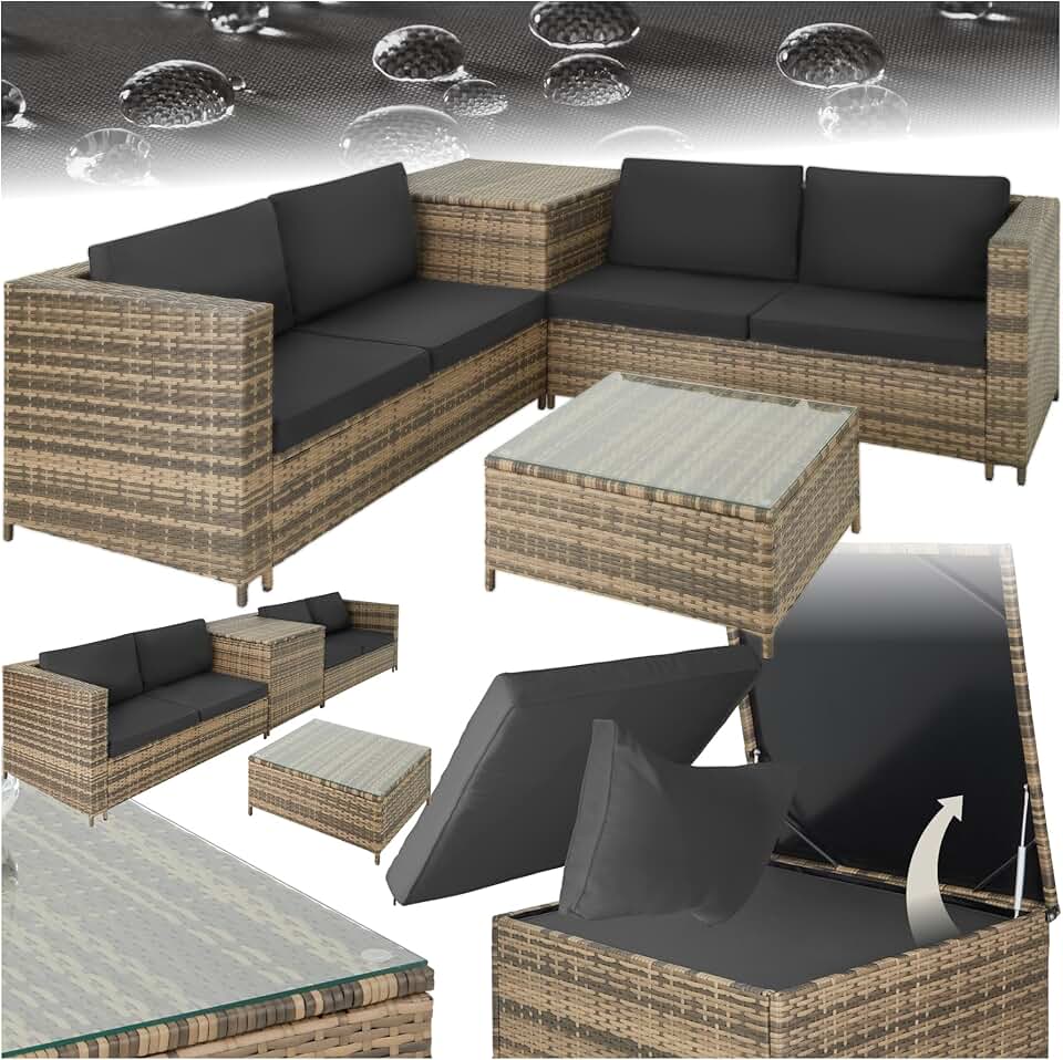 tectake - Ensemble salon Poly Rotin 4 pers. modulable, coffre, verre