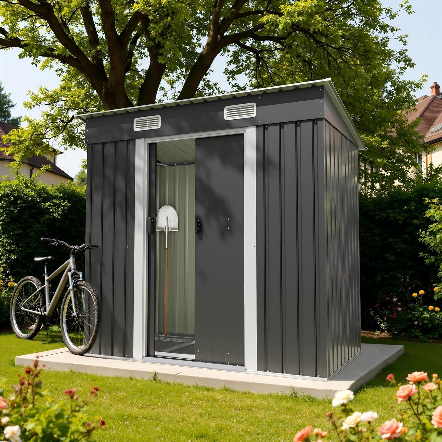 Devoko Abri de Jardin en métal 183x109x182cm avec Fondation, 3,6m³ Abri à Outils avec Toit en Pente et Porte coulissante, Extérieur, Résistant aux intempéries, Abri de Jardin pour vélo, terrasse