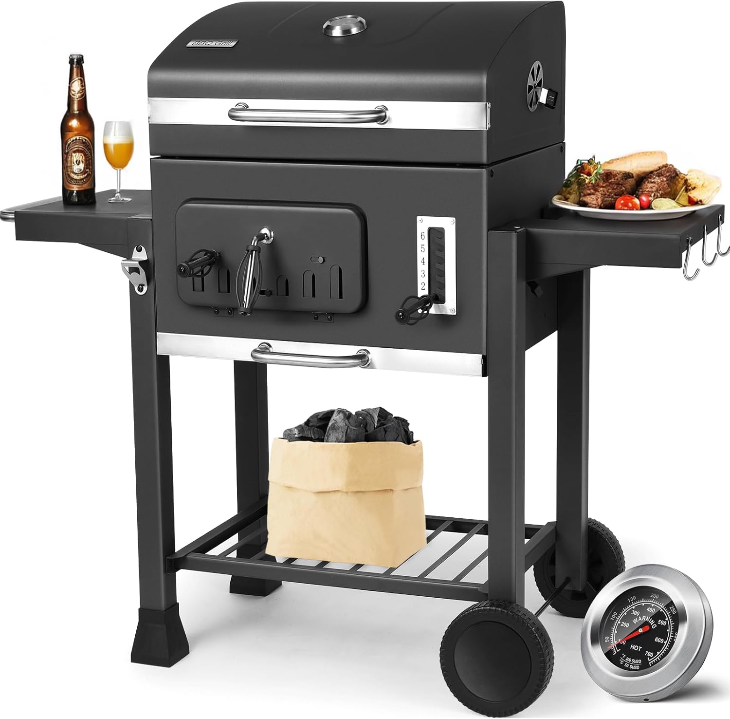 TLSUNNY - Barbecue XXL, charbon, couvercle, roues, thermomètre - TLSUNNY