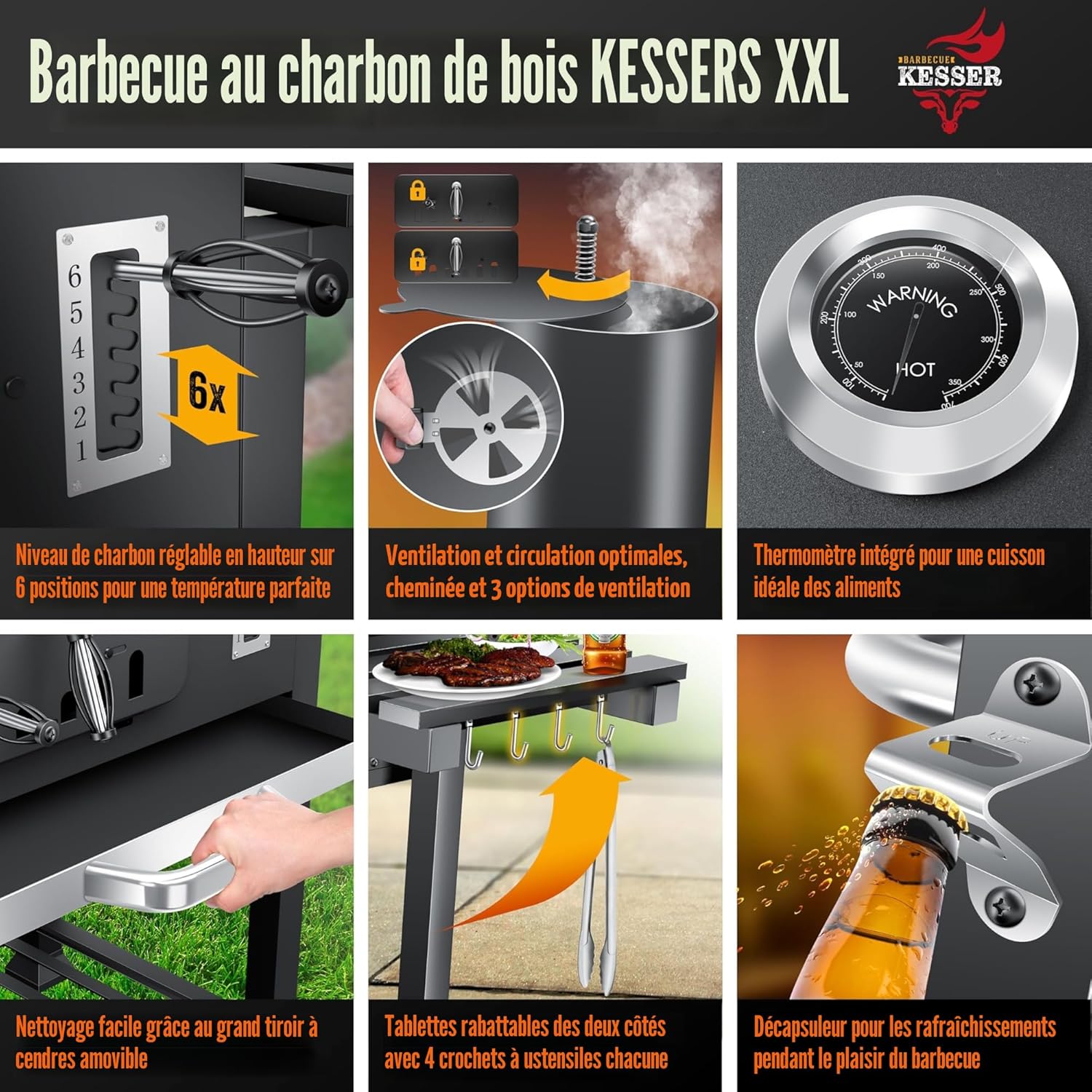 KESSER - Chariot Grill XXL - barbecue charbon avec couvercle, roues, grille, thermomètre