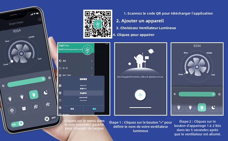 Le texte indique « Scannez le code QR pour télécharger l'application », « Ajouter un appareil », « Choisir pour accéder », « Nom », « Appareil », « Appels », « Batterie ». Interface d'application affichant un smartphone avec code QR, écrans de contrôle et fonctionnalités de couplage d'appareils.