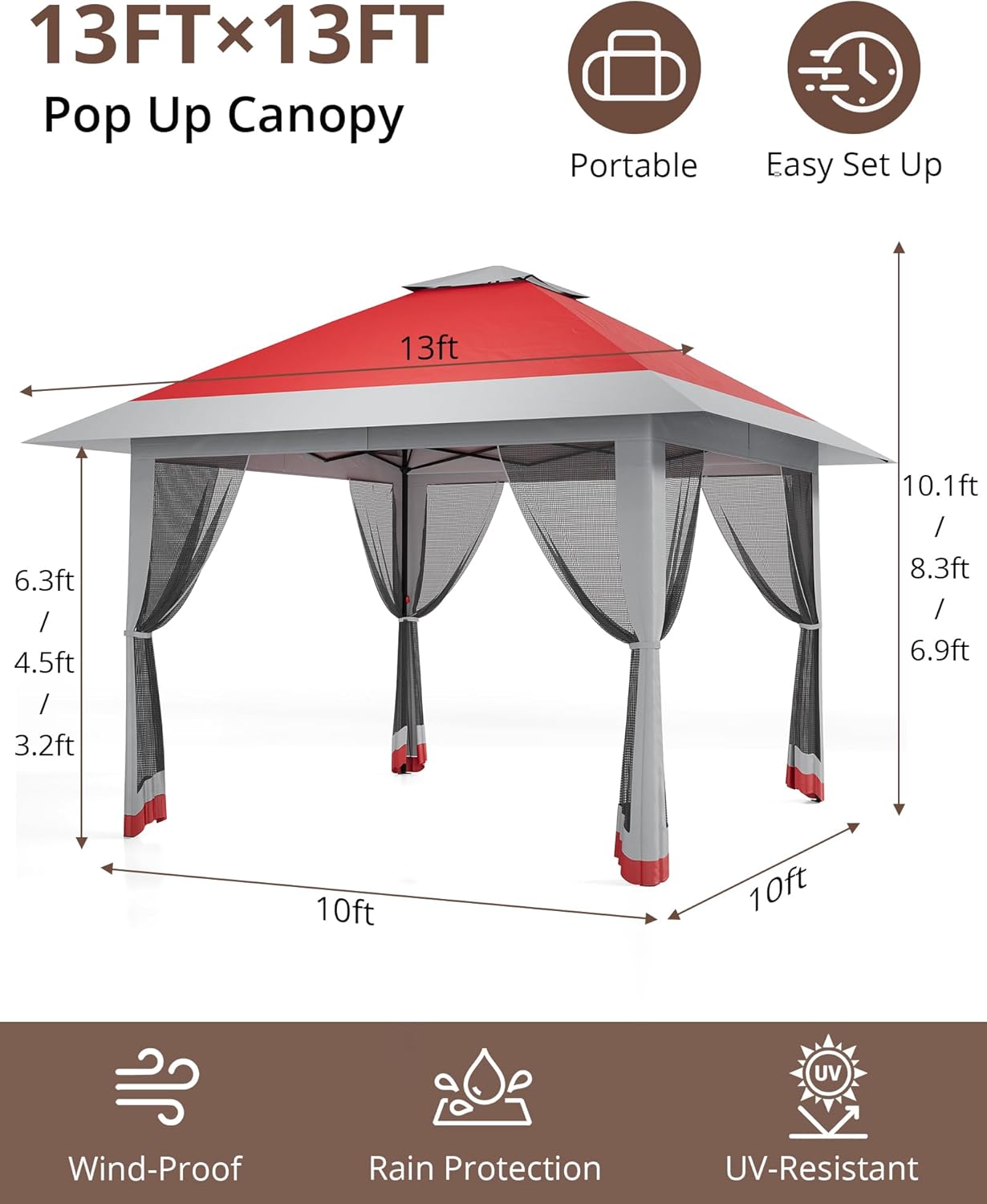 Garvee – Tonnelle Pop-Up série – 3,96x3,96m – moustiquaire, toit double, hauteur ajustable