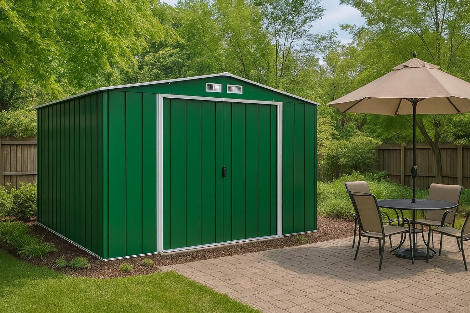 Duramax ECO 10 x 10 (9.16 m²) Abri de Jardin en Métal Galvanisé à Chaud, Structure de Toit Renforcée, Sans Entretien, Vert