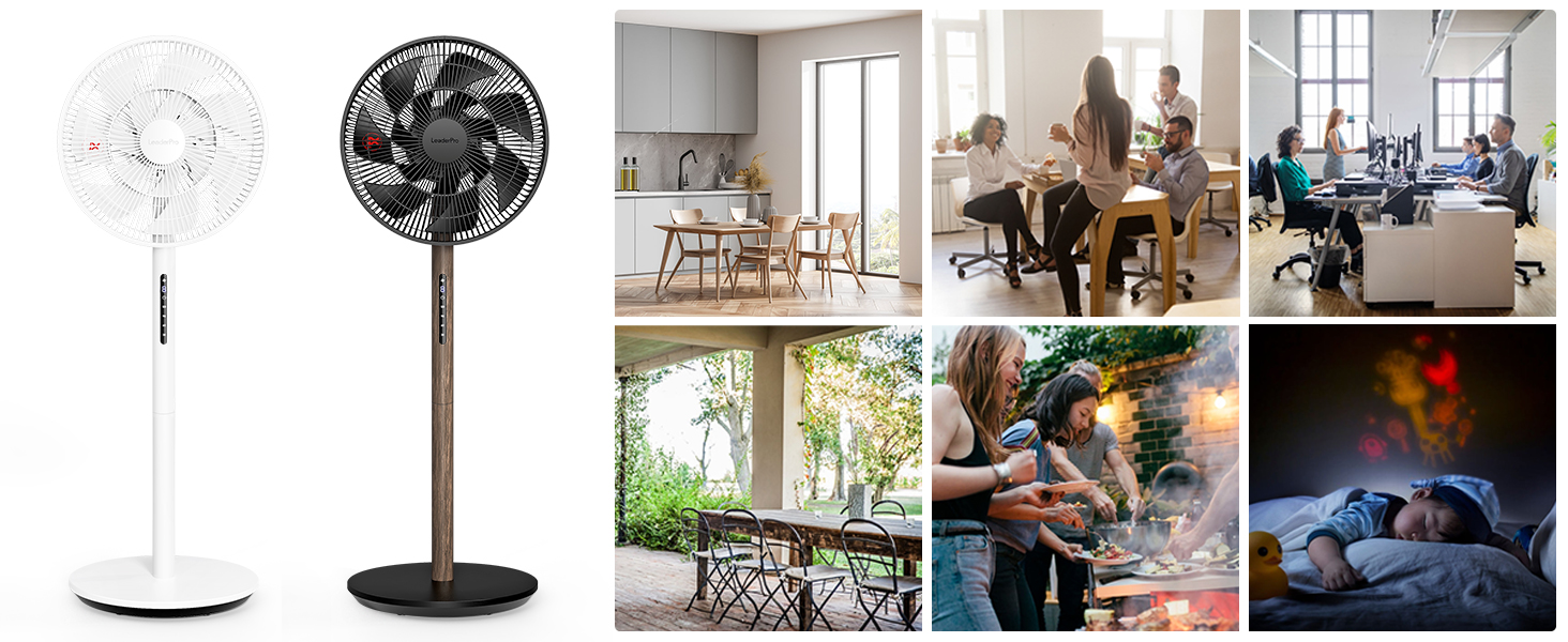 Ventilateurs sur socle blancs et noirs présentés à côté d'une grille de photographies de style de vie représentant des personnes dans divers environnements intérieurs à la maison et au bureau à l'aide de ventilateurs.