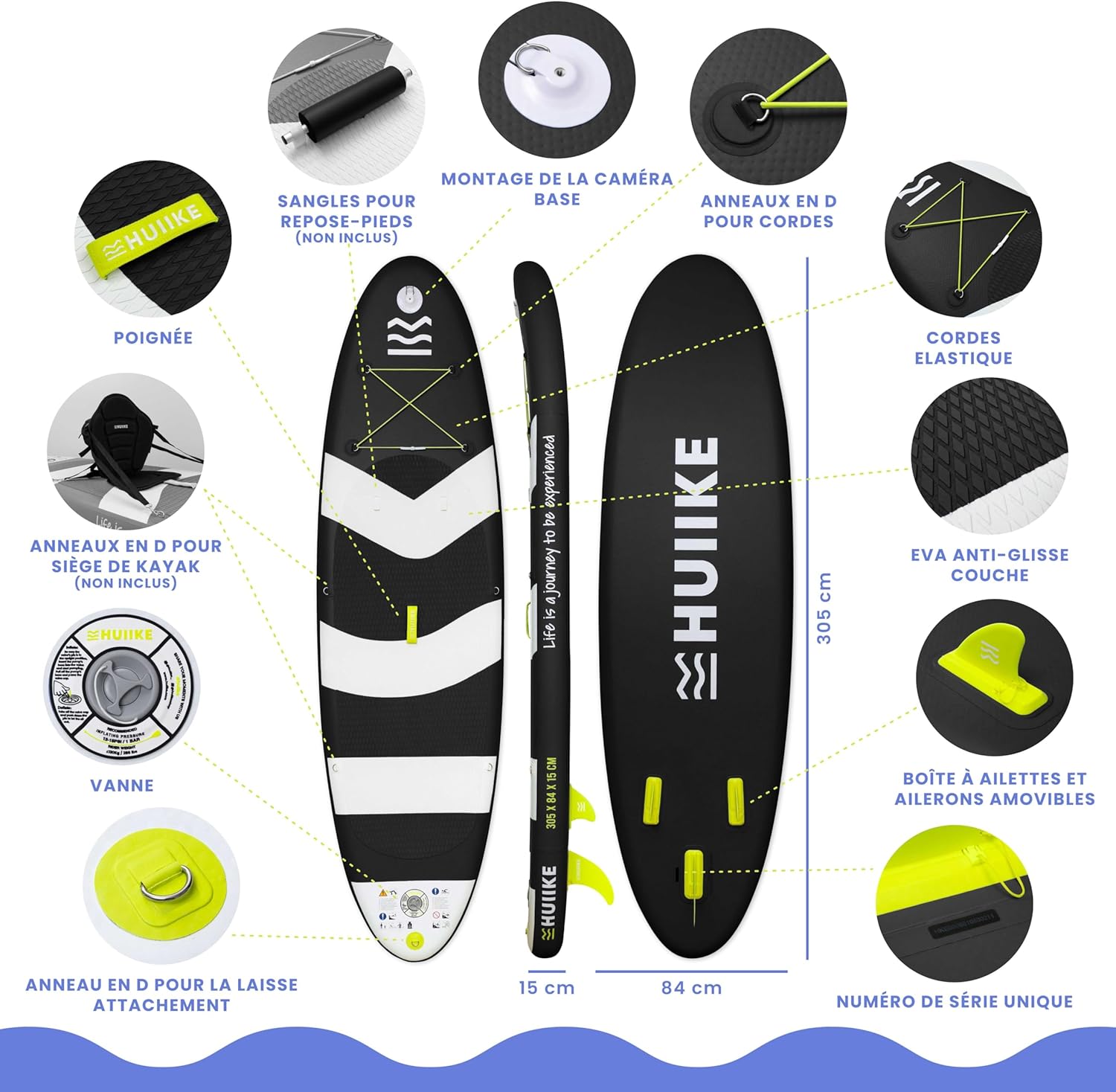 HUIIKE Paddle Gonflable Adulte avec Accessoires Inclus, Pagaie, Ailerons, Pompe. Planche de Stand Up Paddle Grande Stabilité et Résistance. 305 x 84 x 15 cm, Jusqu'à 130 kg