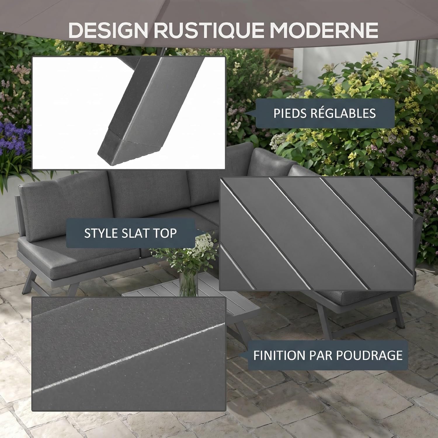 Outsunny - Salon de jardin d’angle 4 places, alu/acier, banquettes, table basse, gris