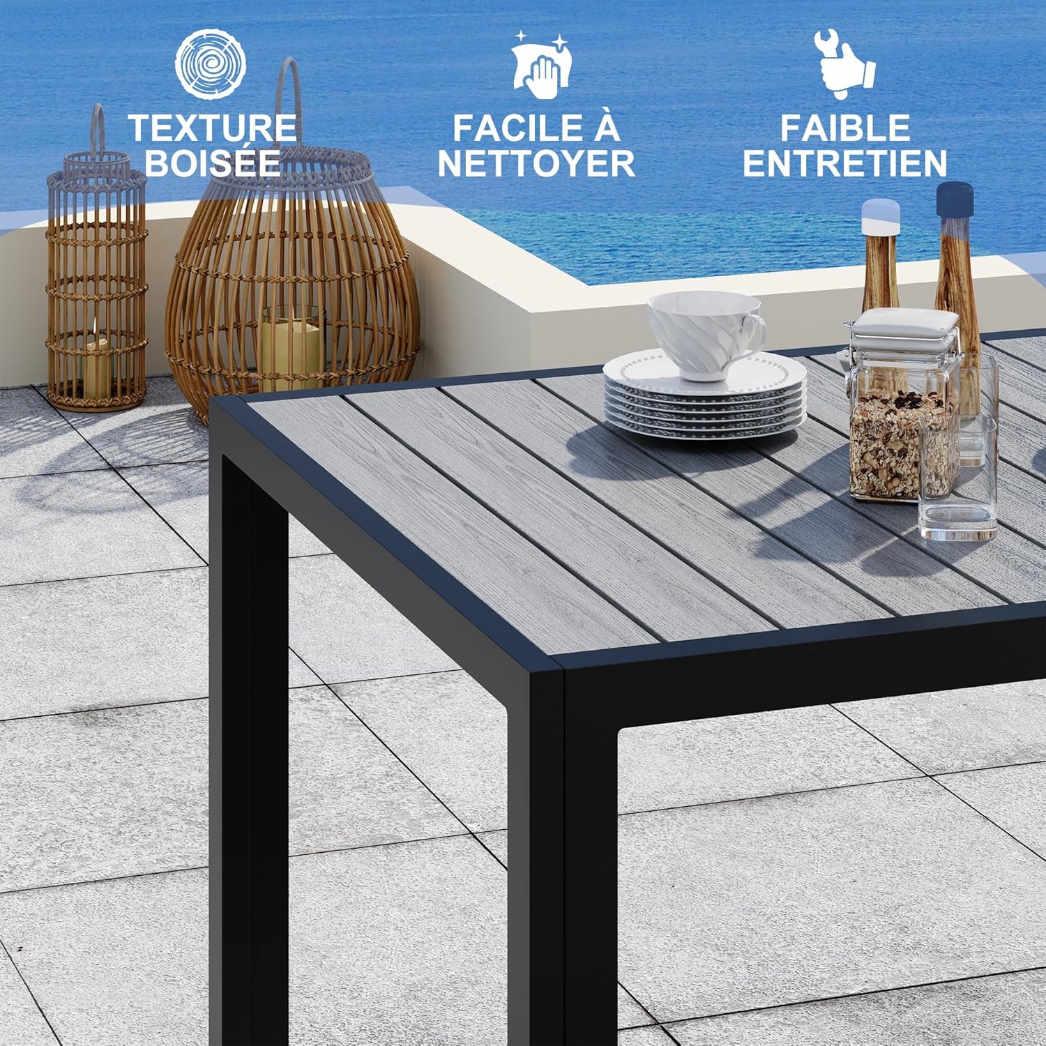 Devoko - HDPS - Table de jardin 150x80x72cm - aluminium, grain bois