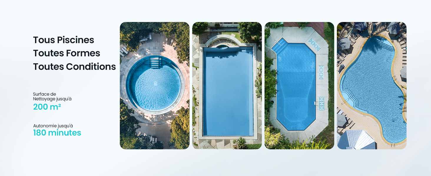 Le texte indique « Tous Piscines Toutes Formes Toutes Conditions ». Grille illustrant quatre styles de piscines : piscine circulaire hors sol, piscine rectangulaire enterrée, deux piscines bleues verticales. Vue d'ensemble des différentes configurations de piscines disponibles.