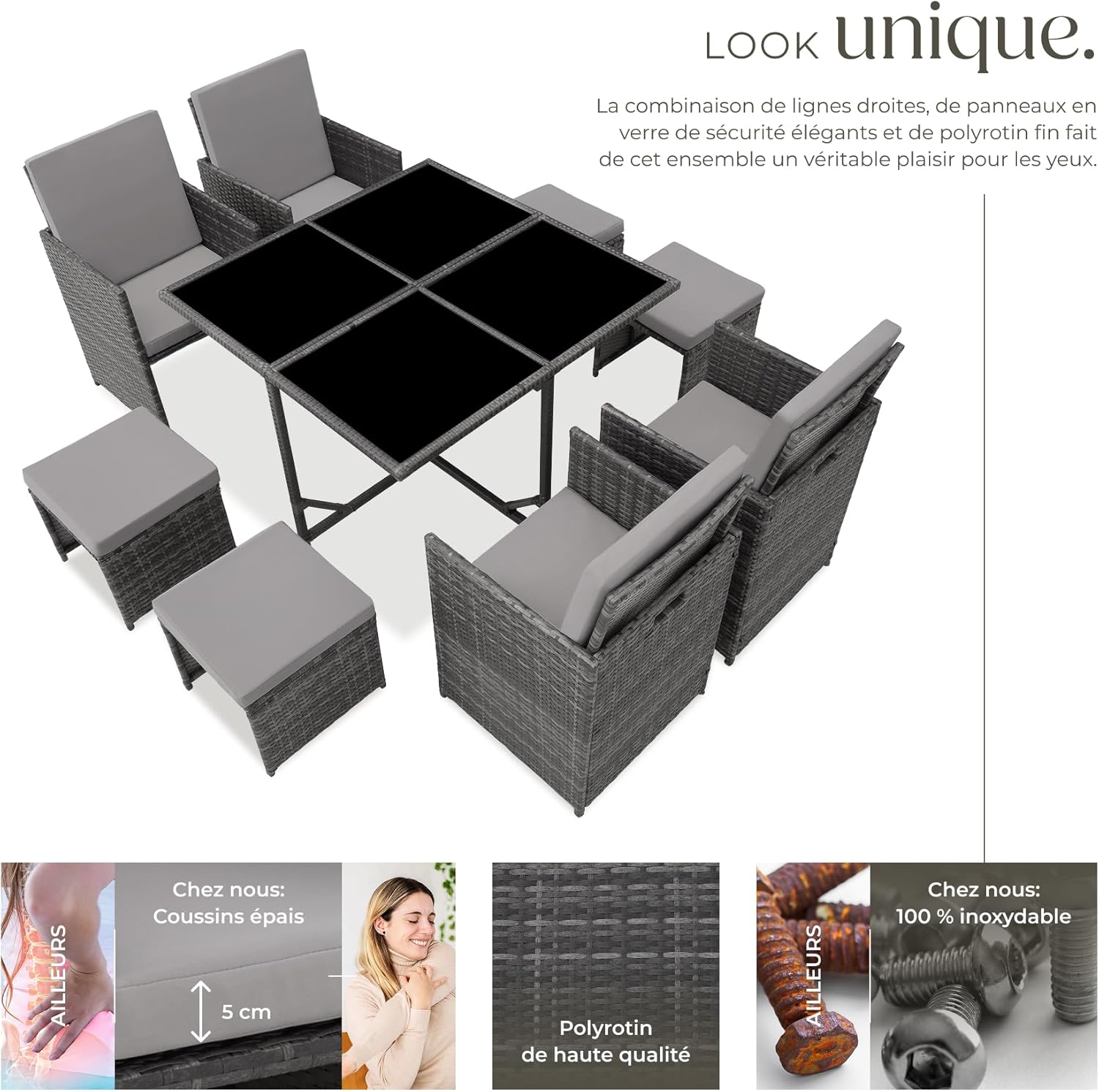 tectake - Salon de jardin gris 4 chaises, 4 tabourets, housse, polyrotin