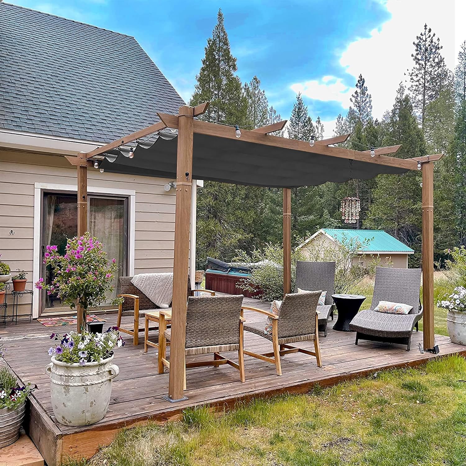 PURPLE LEAF - Pergola aluminium - 4x3m - toile rétractable, teck, imperméable