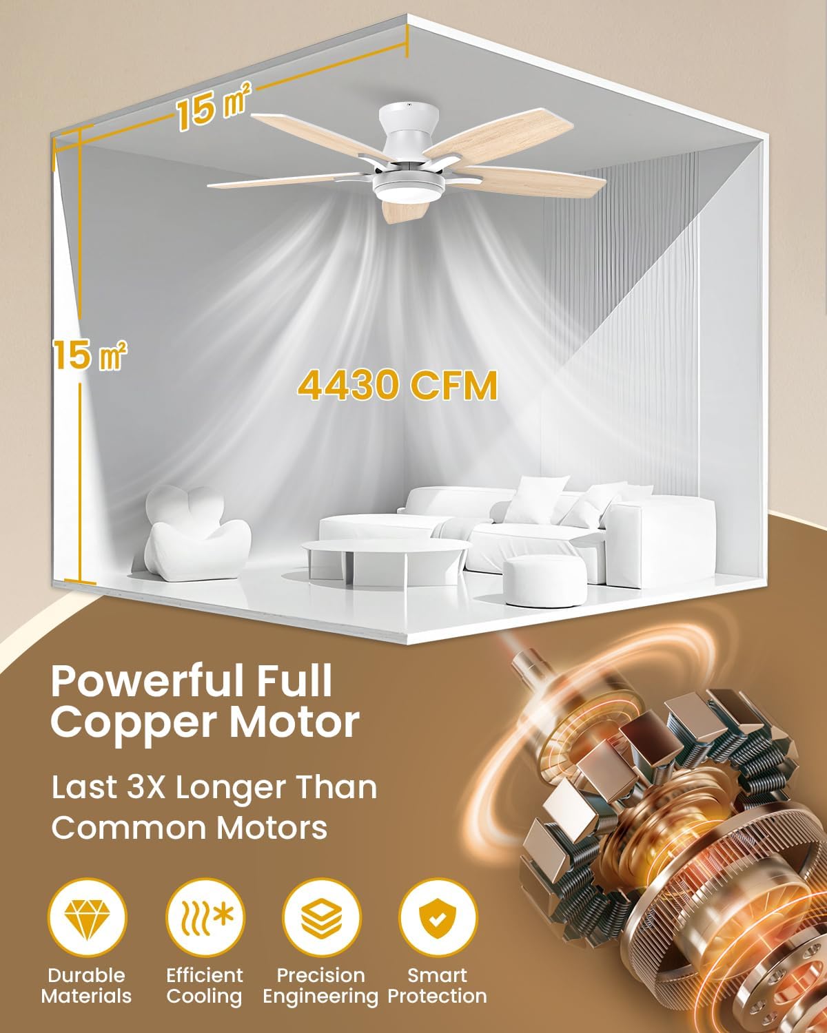 Airwit 106cm Silencieux Ventilateur Plafond avec Lumiere, Double Face Pale Lampe Ventilateur de Plafond LED avec Telecommande et Réversible DC Moteur pour Chambre Salon Cuisine, 6 Vitesses