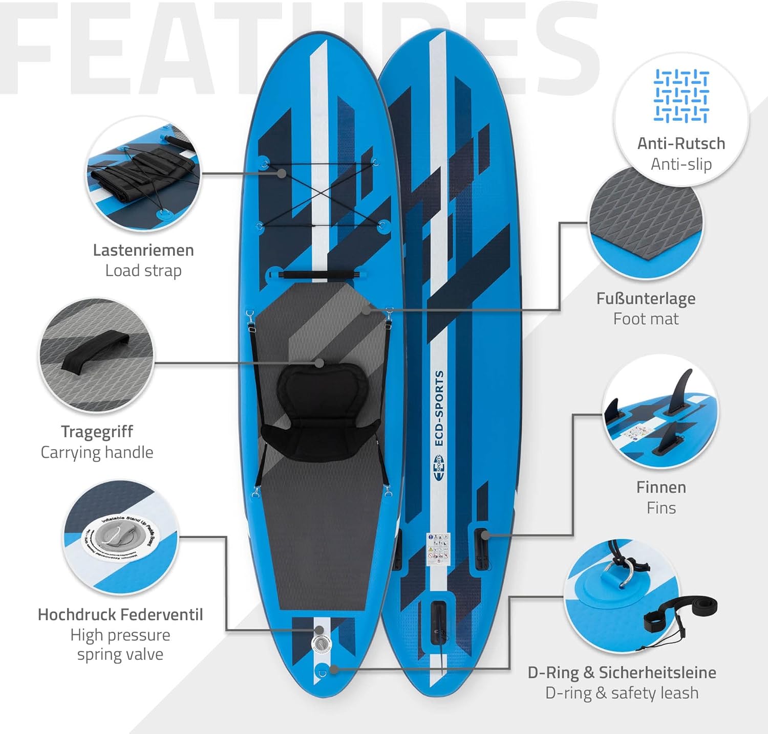 ECD Germany Stand Up Surf Paddle Board Gonflable 305/308/320/380 cm | PVC | jusqu'à 120/150 kg | Épaisseur 10/15 cm | Planche de Surf Pagaie Sac de Transport Pompe à Air | Diverses Couleurs Modèles