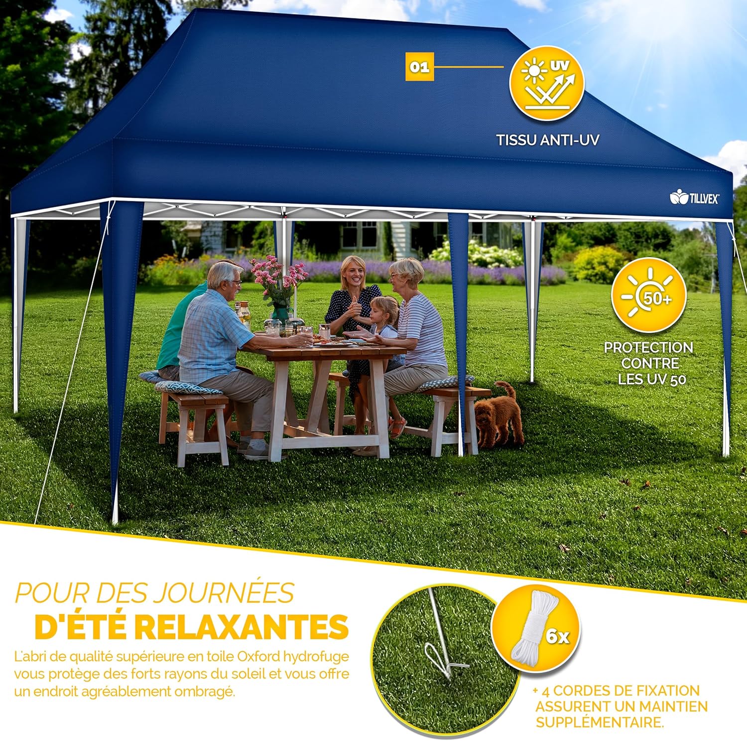 Tillvex - tonnelle pliable 3x6m - étanche, réglable, UV50+, bleu