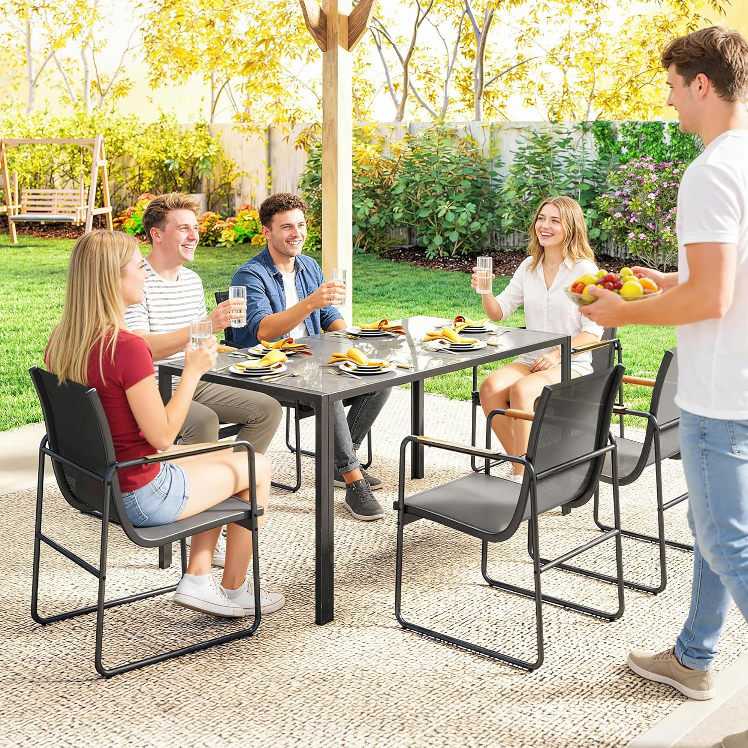 Outsunny - Ensemble salle à manger 6 places - table verre, structure acier - gris