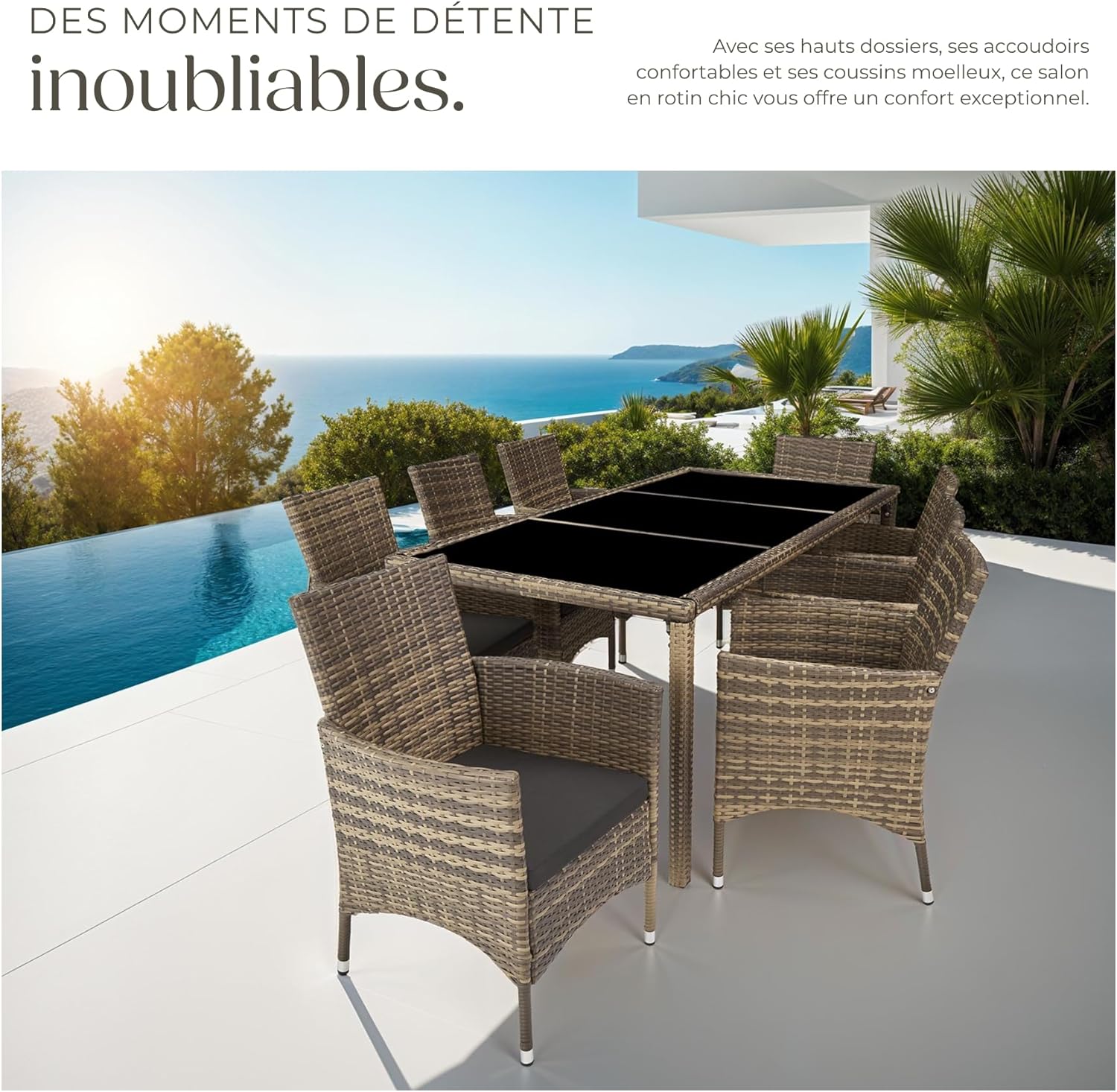 tectake - Salon de jardin rotin, 8 fauteuils, table, housse, confort, marron naturel/gris foncé