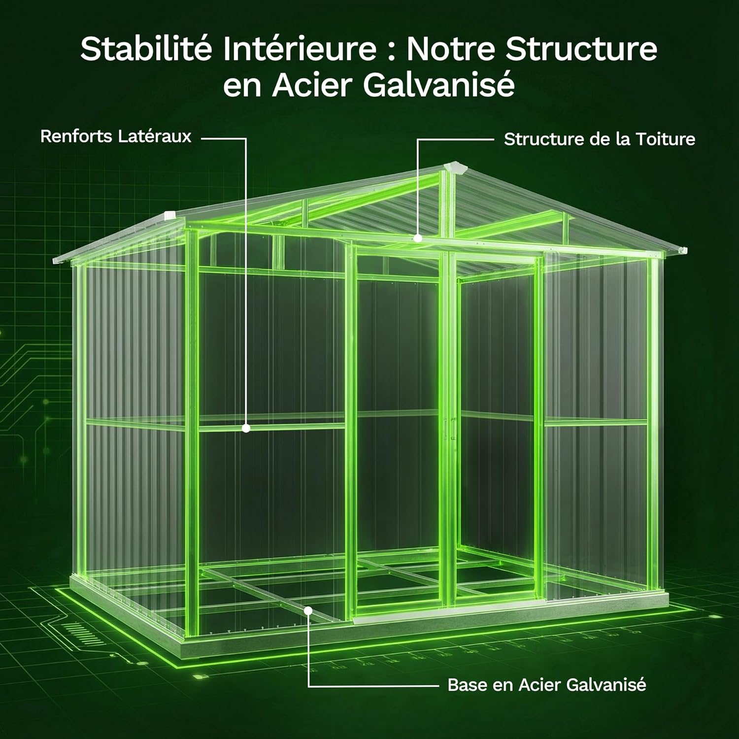Devoko - abri de jardin métallique - 8x6ft - toit penté, ventilation, gris