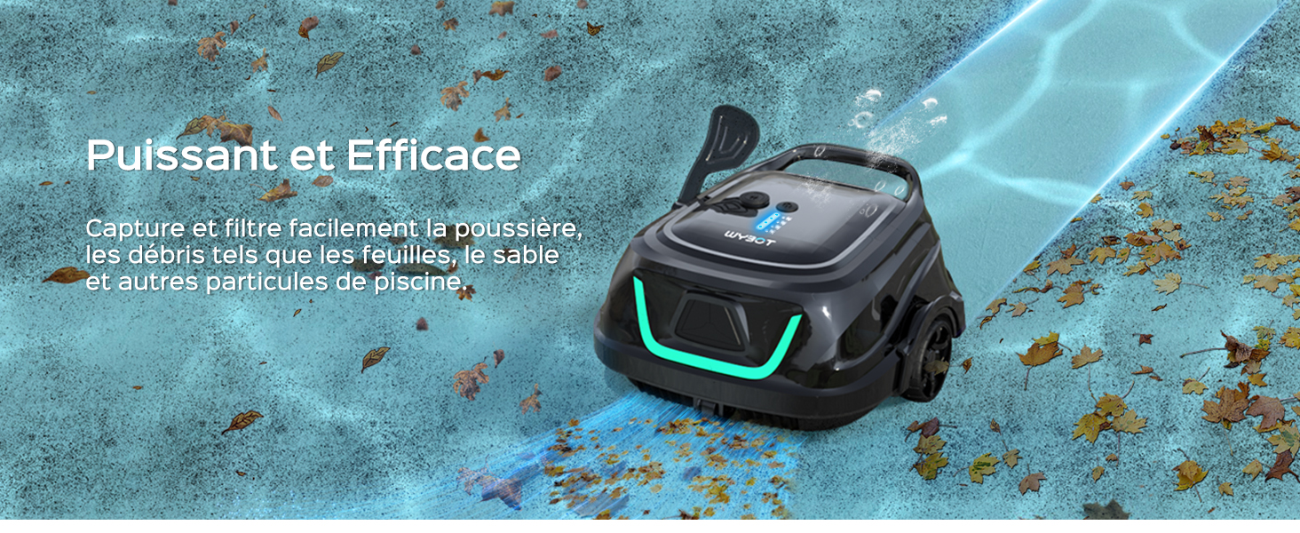 avec éclairage d'accentuation bleu sarcelle, représenté sous l'eau en train de ramasser des débris sur un fond de piscine bleu texturé