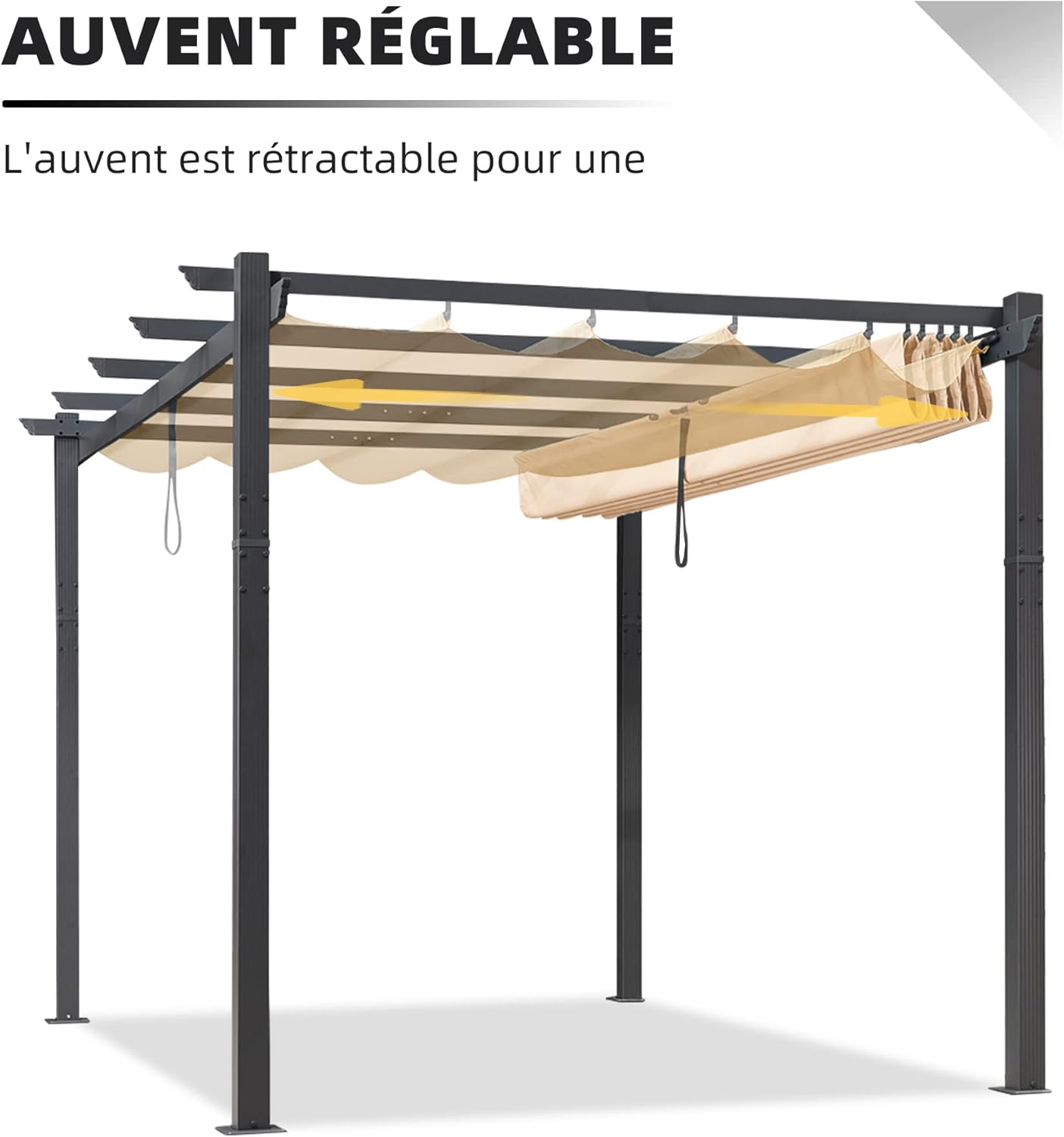 PURPLE LEAF - Pergola aluminium LED, toit rétractable, 4x3m, kaki