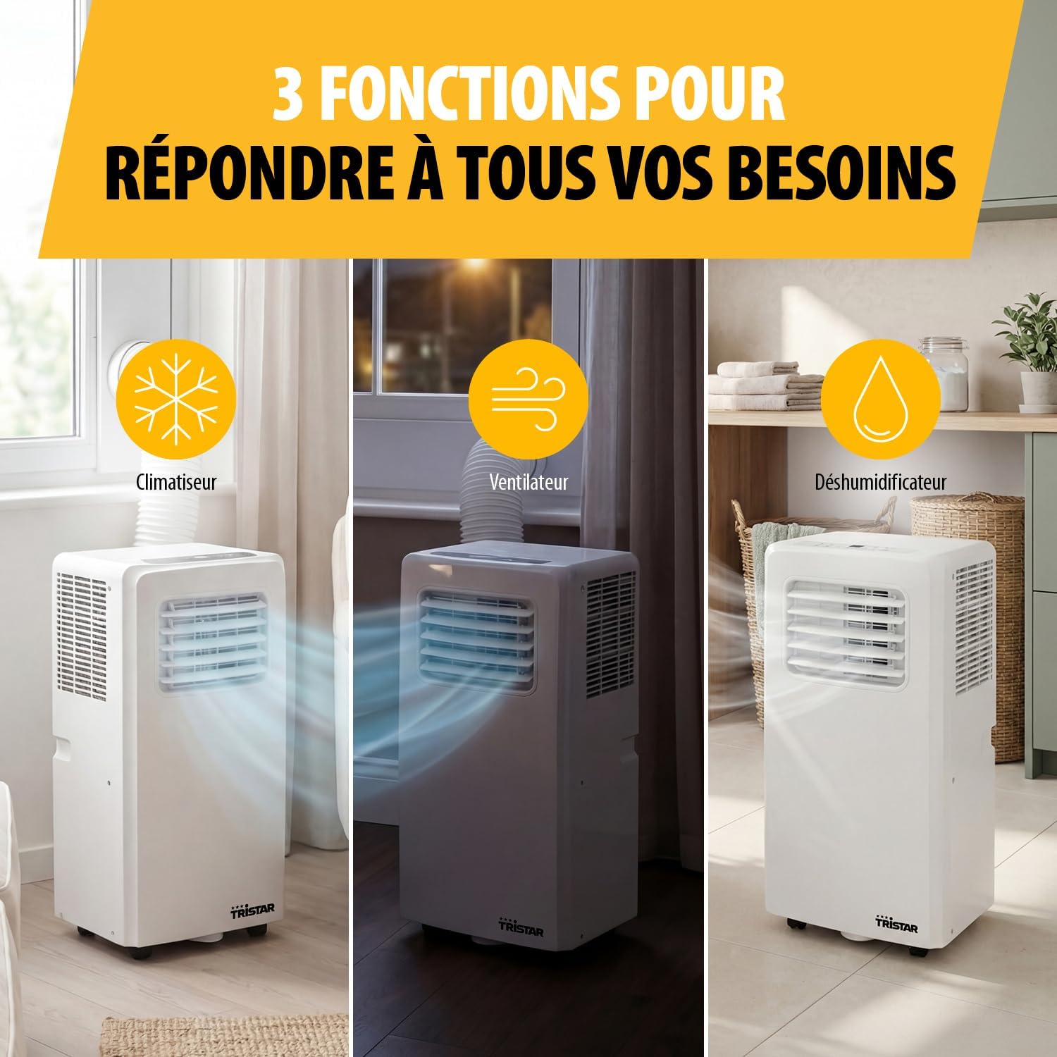 Tristar - Climatiseur mobile 3-en-1, 7 000 BTU, 25m², déshumidification, AC-5478