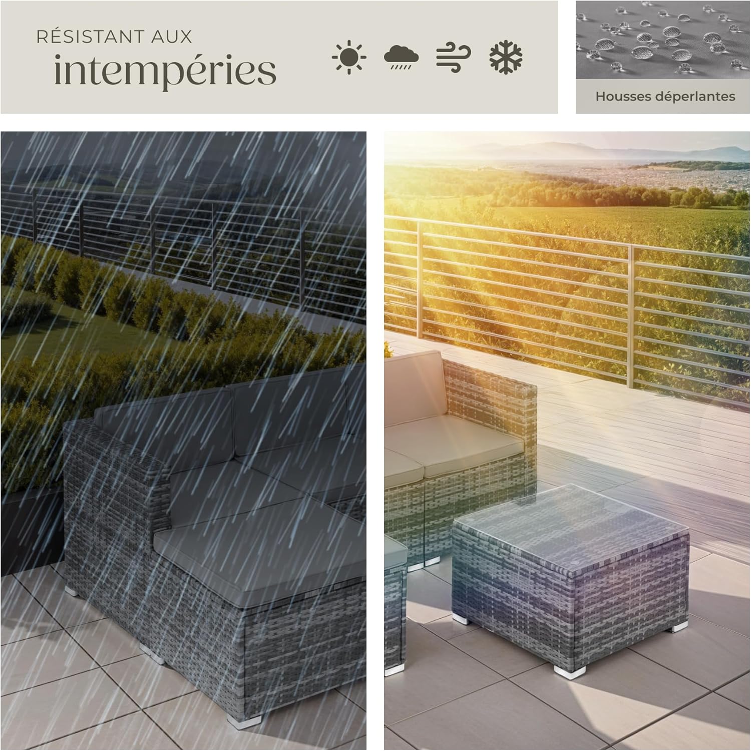 tectake - Salon de jardin modulable 4 places, poly rotin, table et poufs