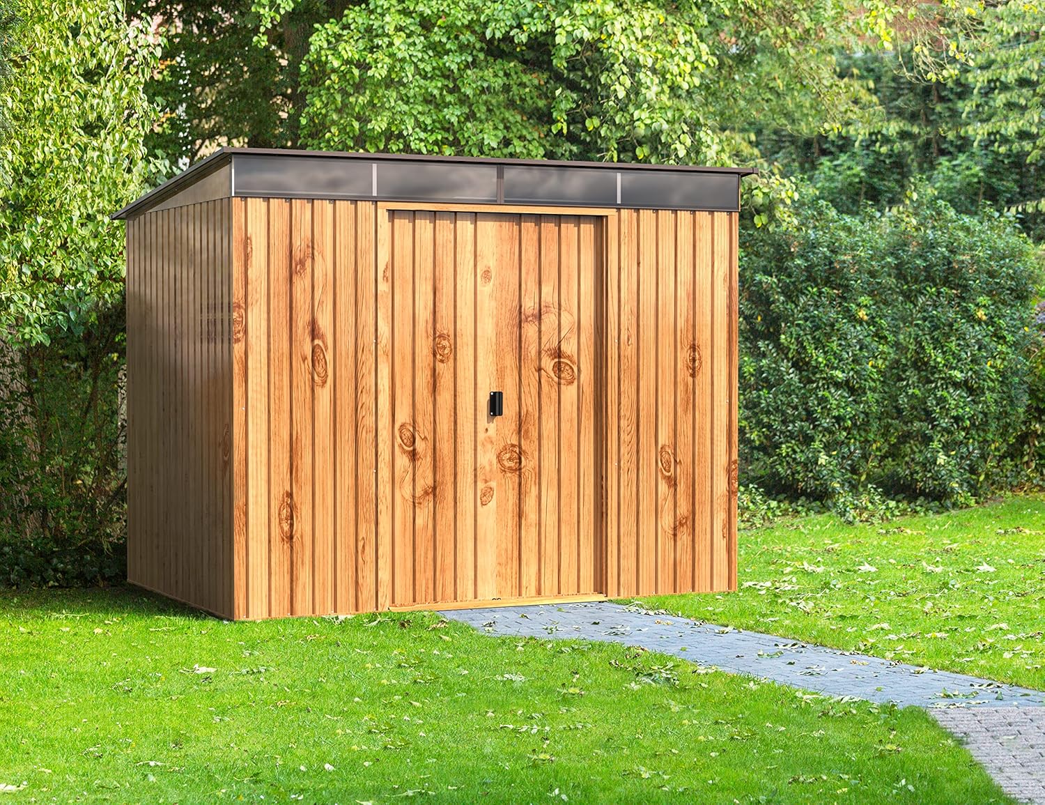 Duramax TOP Pent Roof Skylight 8 x 6 (4.37 m²) Abri de jardin en métal, fabriqué en acier galvanisé, structure de toit renforcée, lucarne intégrée pour la lumière du soleil, Grain de bois