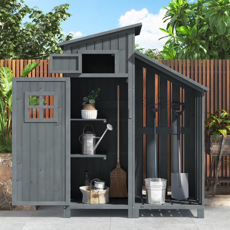 Abri de Jardin en Bois 124x46x174cm,Rangement Outils de Jardin,Cabane de Jardin Extérieur avec Serrure en PVC incliné à loquet,Gris