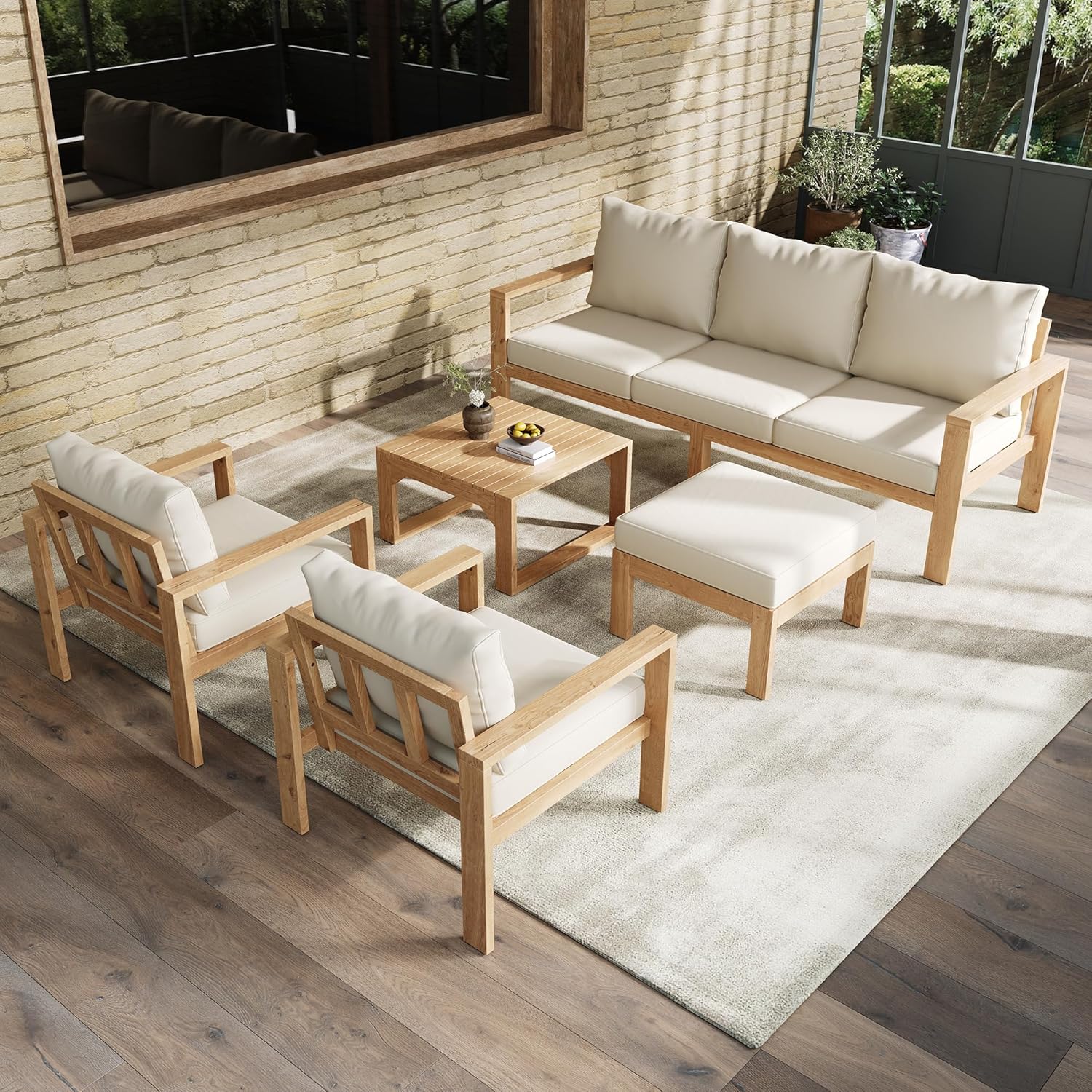 Sapgaks - salon de jardin extérieur, 6/8 pers., acacia naturel, table basse, chaises, crème