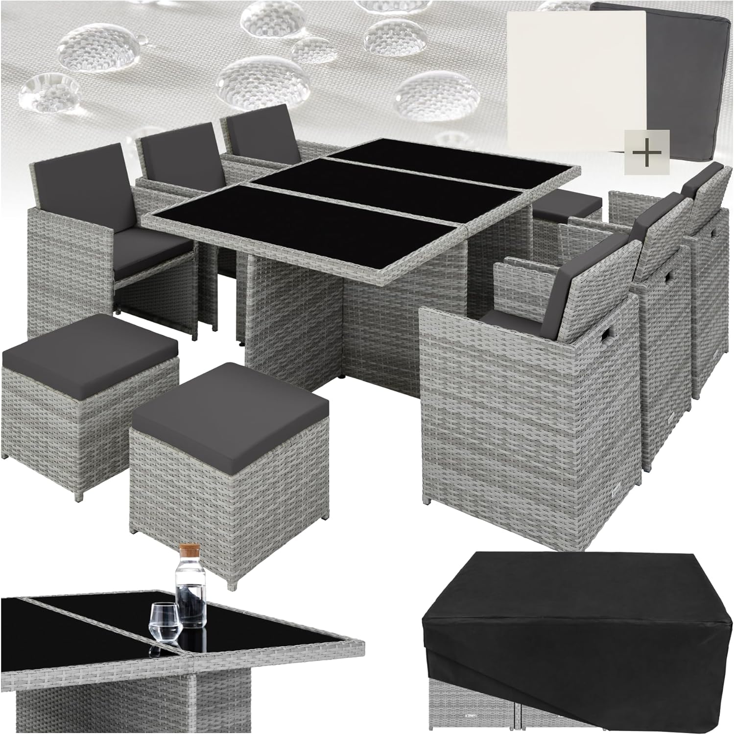 tectake - Salon de jardin 10 places, aluminium, résine tressée, housses incluses, gris clair